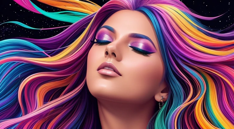art of alessandro pautasso, jen bartel, vibrant color, digital art, digital painting, fantasy dream, vivid color, 1 beautiful girl close up, colorful long hair, rainbow hair, floating hair, eyes closed, ( look up:1.4).