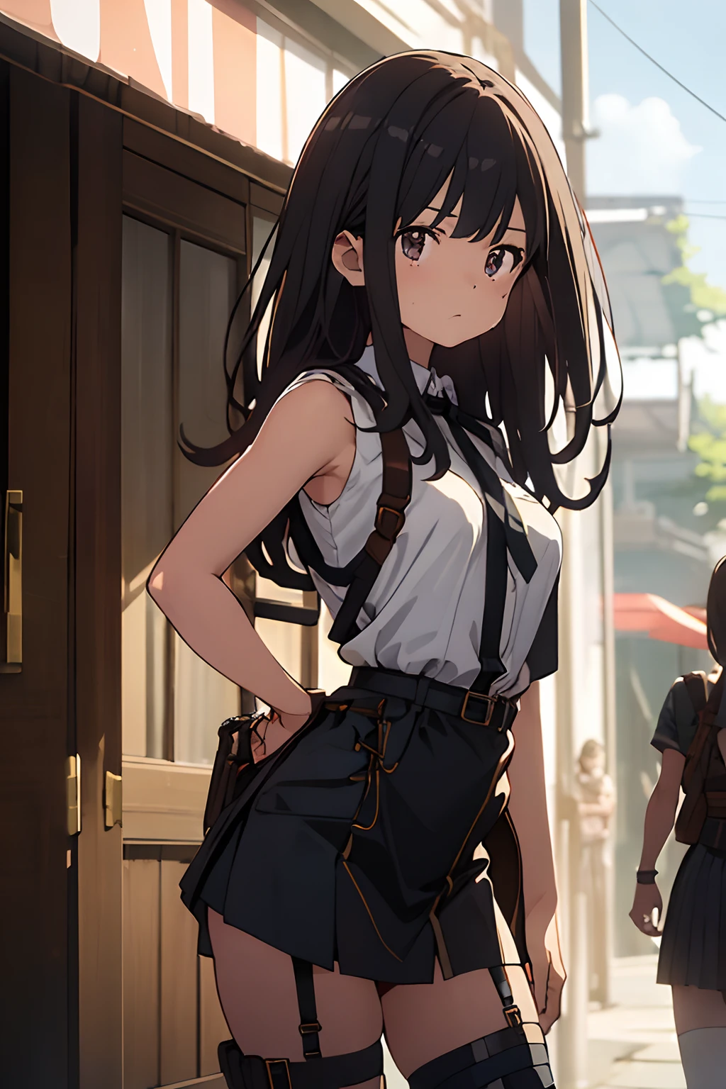 ​masterpiece、flat-colors、depth of fields、lens flare 1 girl、、Brown hair、watching at viewers　　　black suspenders　　　large full breasts　　　 　 Armpit sweat　perspiring　Side of both hands　　walls: 　Black miniskirt　garters　　　　　　Gaze　　　Small face　Bangs Upper Eyes　flank　　　　holster　　Belt Armament　Beautuful Women　srestrained　Hands behind your back　bet