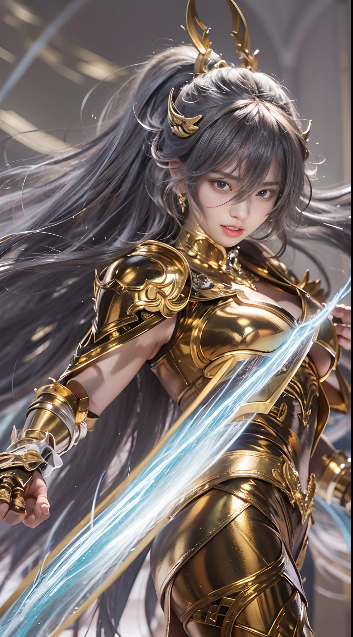 Saint Seiya、fight、battleing、Powerful punch、kick、1girl in、huge-breasted、cleavage of the breast、beauty legs、Metallic Red Combat Armor of the Future、Shining silver chains are connected from all sides、((Scream))、((exclamation))、((fighting poses))、8k, top-quality, （pubic hair beauty）、hight resolution, 逼真, realperson,