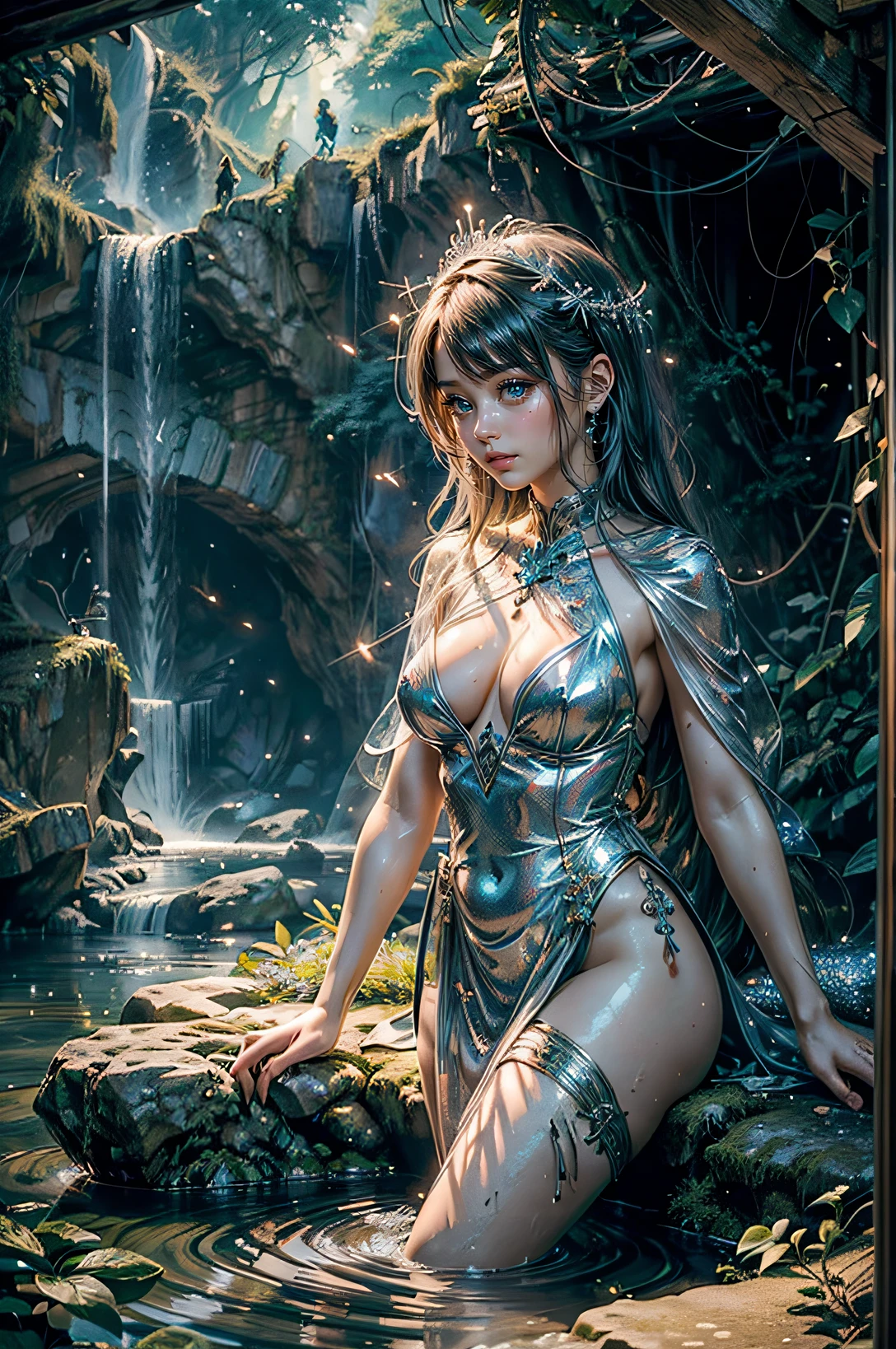 (Best Quality,4K,8K,hight resolution,masutepiece:1.2),Ultra-detailed,(Realistic,Photorealistic,Photorealsitic:1.37)fickle, Dreamy artwork that combines elements of "Waterfall Shower Girl Cave" In fantasy. The cave is located under a towering mushroom canopy, And the waterfall is a shimmering ribbon of liquid stardust. Inside the cave, Winged girl bathing under an enchanting cascade, Surrounded by fireflies