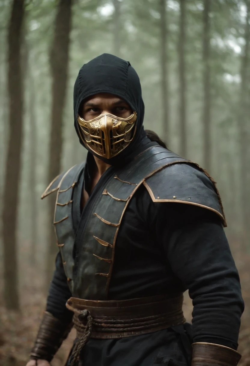 Mortal Kombat Scorpion, white eyes, classic mask, movie 1995, comes out of the forest in the fog, atmosphere of darkness and horror, in the style of illusory portraits, modular, uhd, --ar 71:118 --s 750 --niji 5
