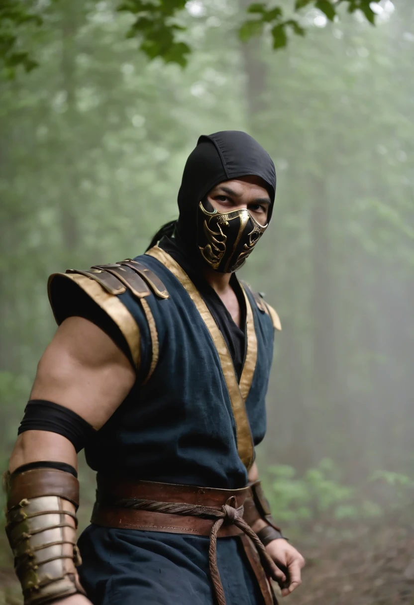 Mortal Kombat Scorpion, white eyes, classic mask, movie 1995, comes out of the forest in the fog, atmosphere of darkness and horror, in the style of illusory portraits, modular, uhd, --ar 71:118 --s 750 --niji 5