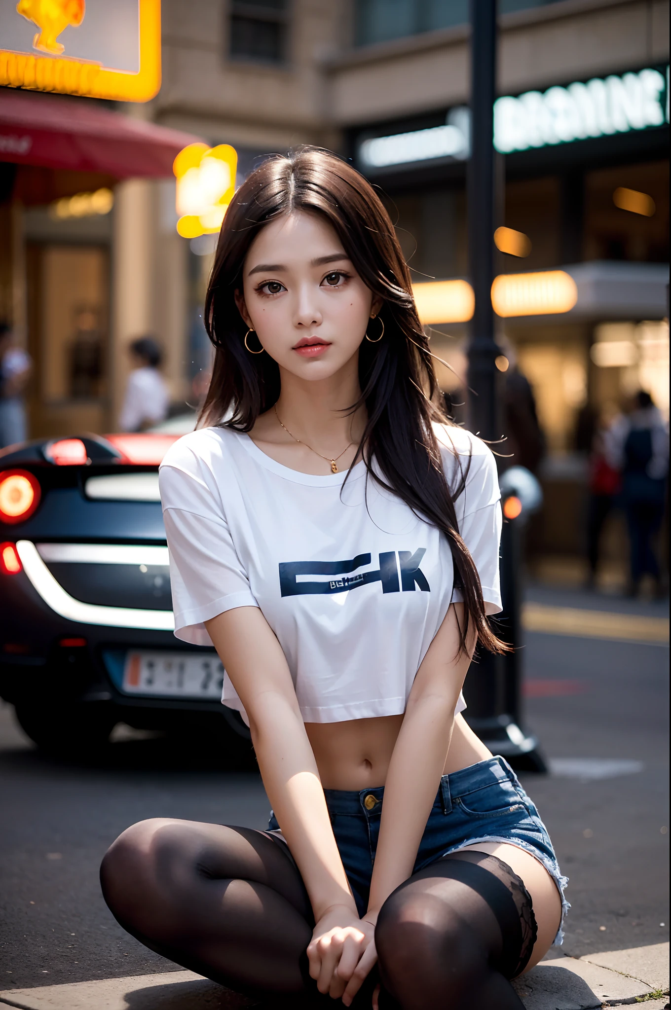 of the highest quality, masutepiece, Ultra high definition, (Real: 1.4), Original photo, (Evening Street), 1 girl, Black eyes, gaze at the audience, Long hair, Light makeup, Lips, small ears, White T-shirt, Denim shorts, (Ultra-realistic pantyhose:1.2), earrings, Sitting Ferrari,, slim, neat, Park