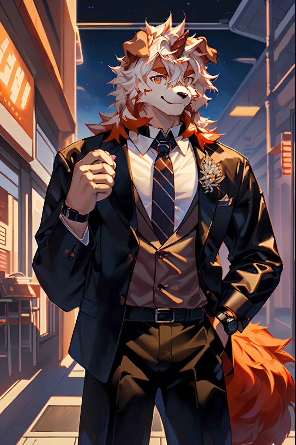 (by Hioshiru, by null-ghost, By personalami, by Honovy, by thebigslick, author:Feinhertz), Male, Solo, domestic dog, horn, floppy ears, clawed paws, Smile, Neon lights,In the office building,Masterpiece, Best quality, offcial art, Extremely detailed Cg Unity 8K wallpaper, Ultra-detailed, Best Illustration, Best shadow, Perfect lighting, pegging (/arknight/), White fur, Furry male, Dog boy, Furry, Two-tone fur, 1boys, multicolored hair, Male focus, Horns, Striped hair, Dog ears, Animal ears, single horn, Brown fur, bangs, Orange hair, White hair, Medium hair, Orange eyes, Solo,Black pupils,In black suit,Black trousers,White color blouse,Plaid tie,full bodyesbian,leather shoes,A collar is worn around his neck,Wrist watch,briefcase,Coffee in hand,Orange tail,Fluffy tail,full bodyesbian,Tall and strong
