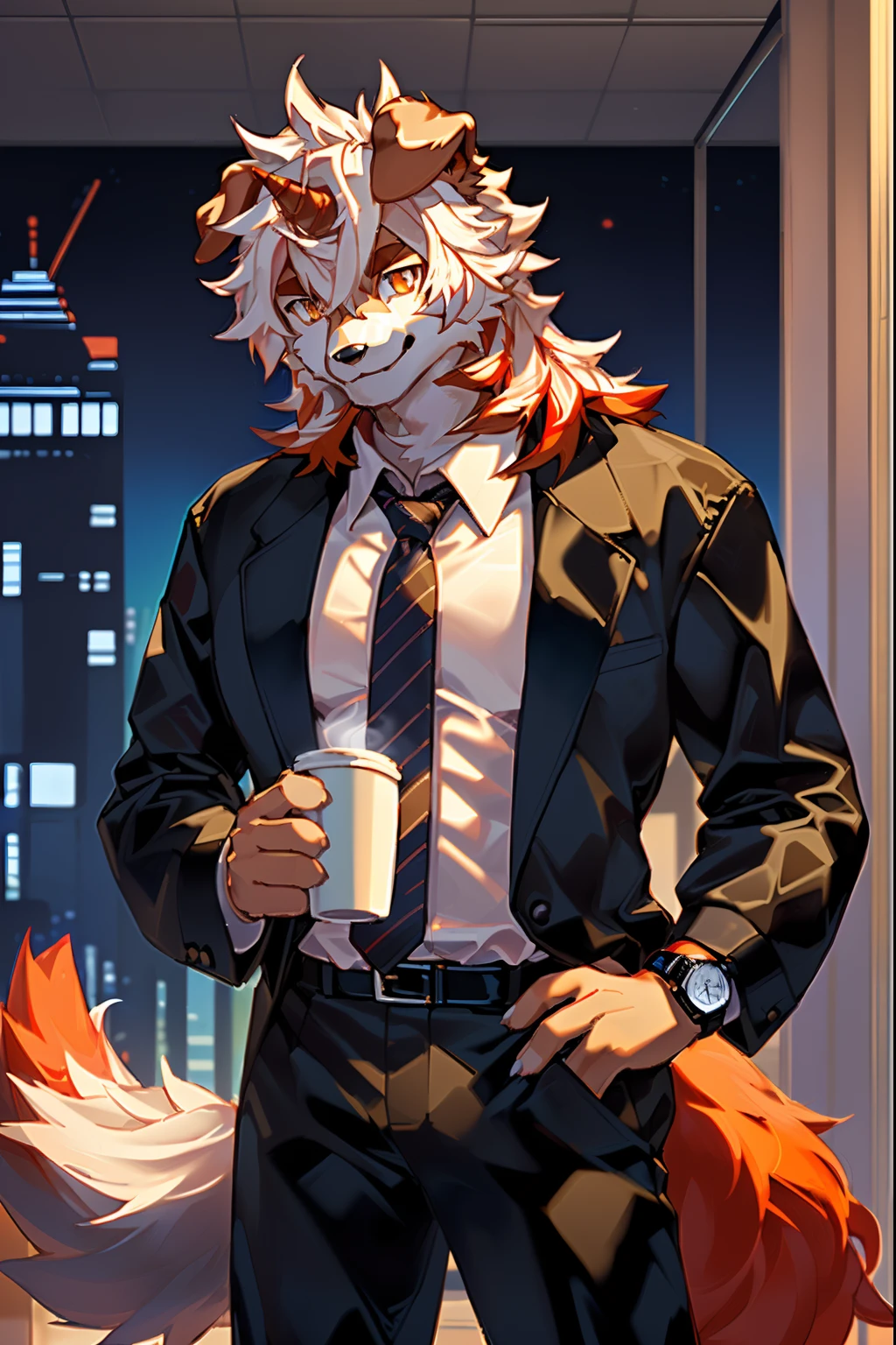 (by Hioshiru, by null-ghost, By personalami, by Honovy, by thebigslick, author:Feinhertz), Male, Solo, domestic dog, horn, floppy ears, clawed paws, Smile, Neon lights,In the office building,Masterpiece, Best quality, offcial art, Extremely detailed Cg Unity 8K wallpaper, Ultra-detailed, Best Illustration, Best shadow, Perfect lighting, pegging (/arknight/), White fur, Furry male, Dog boy, Furry, Two-tone fur, 1boys, multicolored hair, Male focus, Horns, Striped hair, Dog ears, Animal ears, single horn, Brown fur, bangs, Orange hair, White hair, Medium hair, Orange eyes, Solo,Black pupils,In black suit,Black trousers,White color blouse,Plaid tie,full bodyesbian,leather shoes,A collar is worn around his neck,Wrist watch,briefcase,Coffee in hand,Orange tail,Fluffy tail,full bodyesbian,Tall and strong