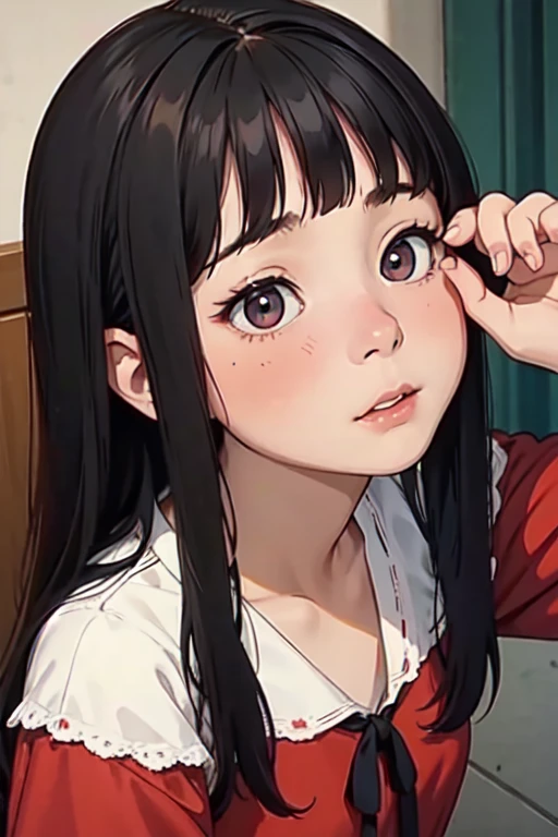one girls、A dark-haired、Pattsun bangs、bobhair、red blush、embarrassed from、Disgusting、tiresome、Putting up with、full bodyesbian、blouse