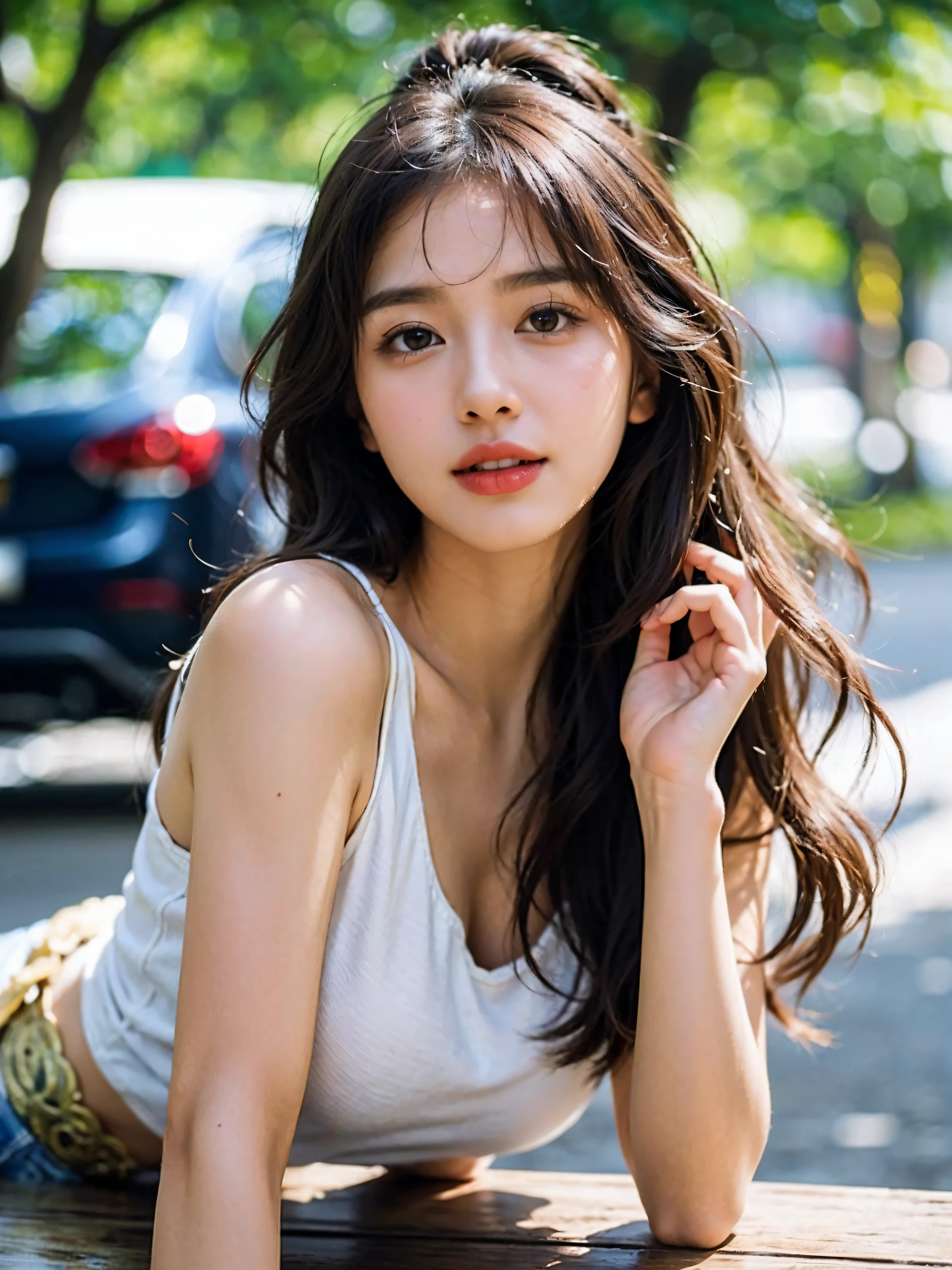 Arab asian woman with white tank top and brown hair, Long hair, beautiful Korean women, soft portrait shot 8 k, Gorgeous young Korean woman, Beautiful young Korean woman, Young adorable Korean face, Korean Girl, lovely delicate face, girl cute-fine-face, 8k artgerm bokeh, Beautiful delicate face