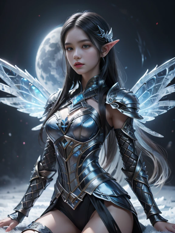 Super realistic image, NVIDIA RTX, super resolution, Unreal 5, Subsurface Dispersion, PBR Texturing, Post Processing, Maximum clarity and sharpness, Multi-layer textures, of (a very beautiful young angel in ice blue), goddess of the moon, (Tall model), thin, standing, white eyes, no pupils, elf ears, ((long, black hair)), (((Ice white armor with intricate details))), ((Huge ice white wings, intricate details) ), ((in levitation, In the air, without touching the ground)), (High quality ultra-realistic scene, 8K RAW High Definition