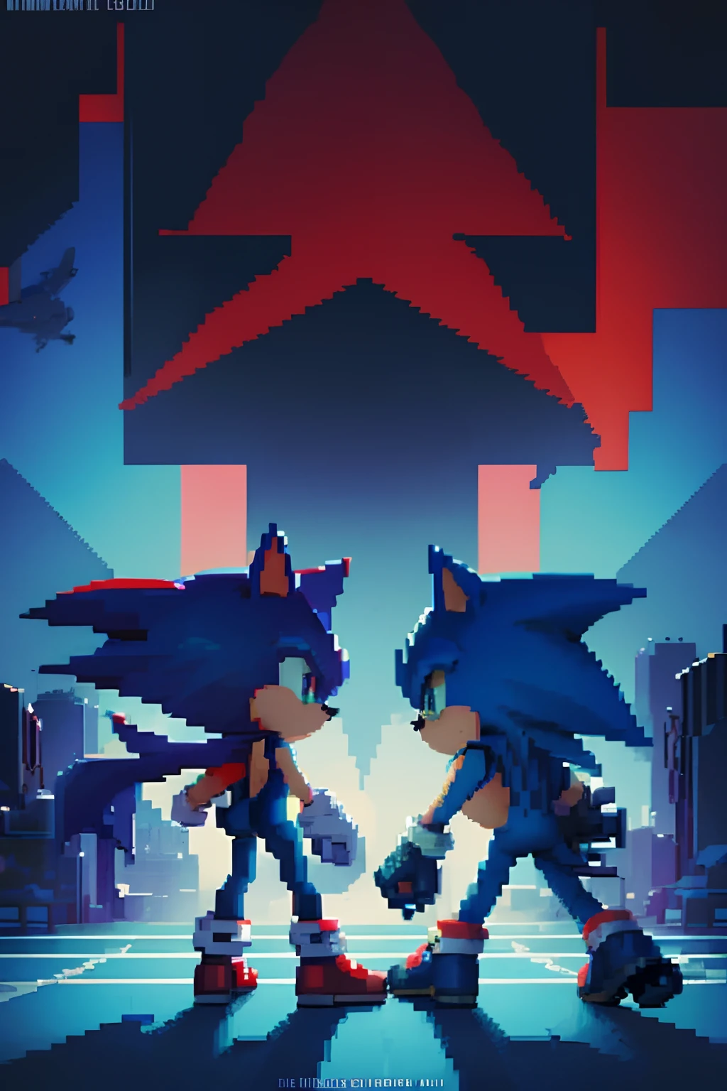 Pixel art of Sonic and Shadow from the game Sonic, They put their pistols to each other, They're enemies, Cool graphics, Black Shadow, Red, Blue colors, Detail art,