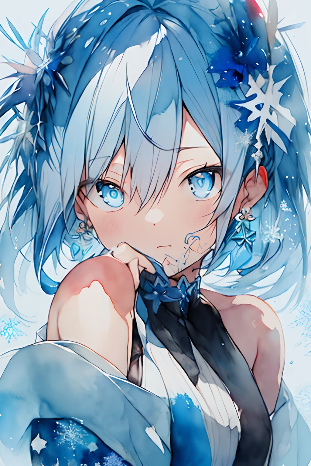 (watercolor paiting:1.2),miku hatsune, sad Facial expression,独奏, Snowflake, Rosa,01 tattoo on the shoulder, portraitures, fronds, bangss, signed, Blue snowflakes,rainbows,Aurora, Blue hair, length hair, verd s eyes, hair between eye, Snowflake Earrings