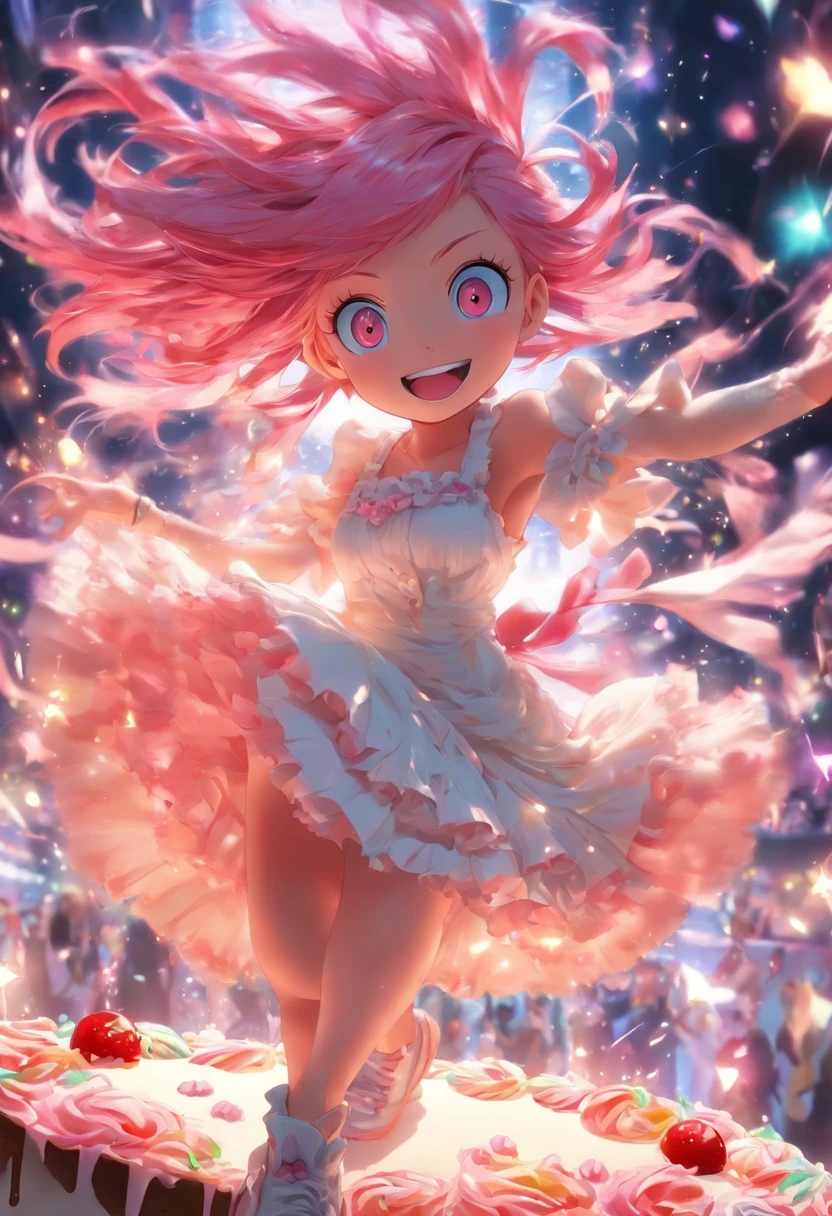 Girls smaller than the cake are dancing on the cake。Girl with pink hair and red eyes。She wears a white, frilly cream-like dress。fleeting