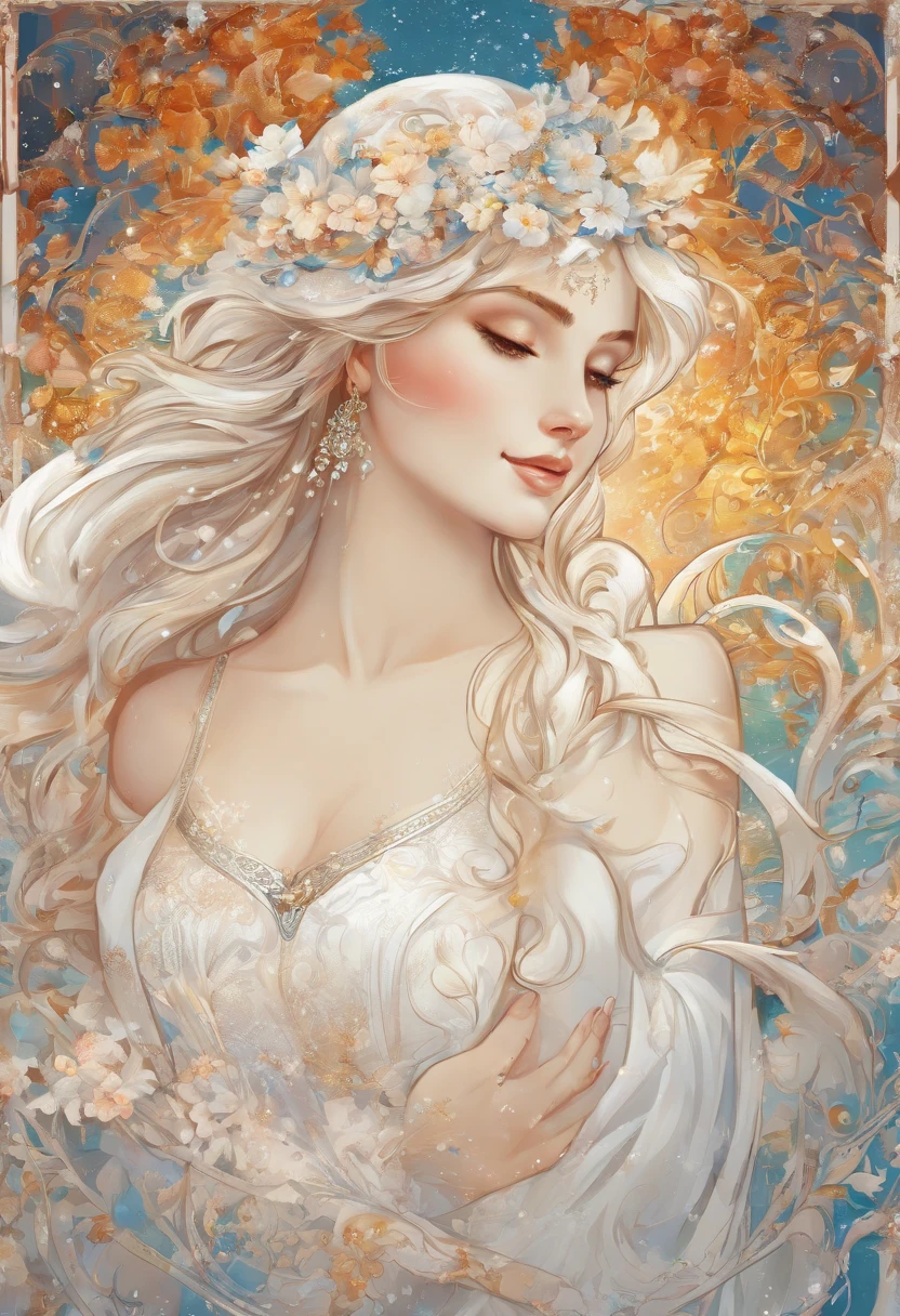 (Best Quality,Realistic:1.37), Snow Woman Fairy, wearing a white robe、Whimsical fantasy scenes covered in snow,Lots of snowflakes、 Bright color of white, A smile, Abstract shapes and line brush strokes, Poster Art, Emotional atmosphere. Impressive oil painting、canvas、masutepiece