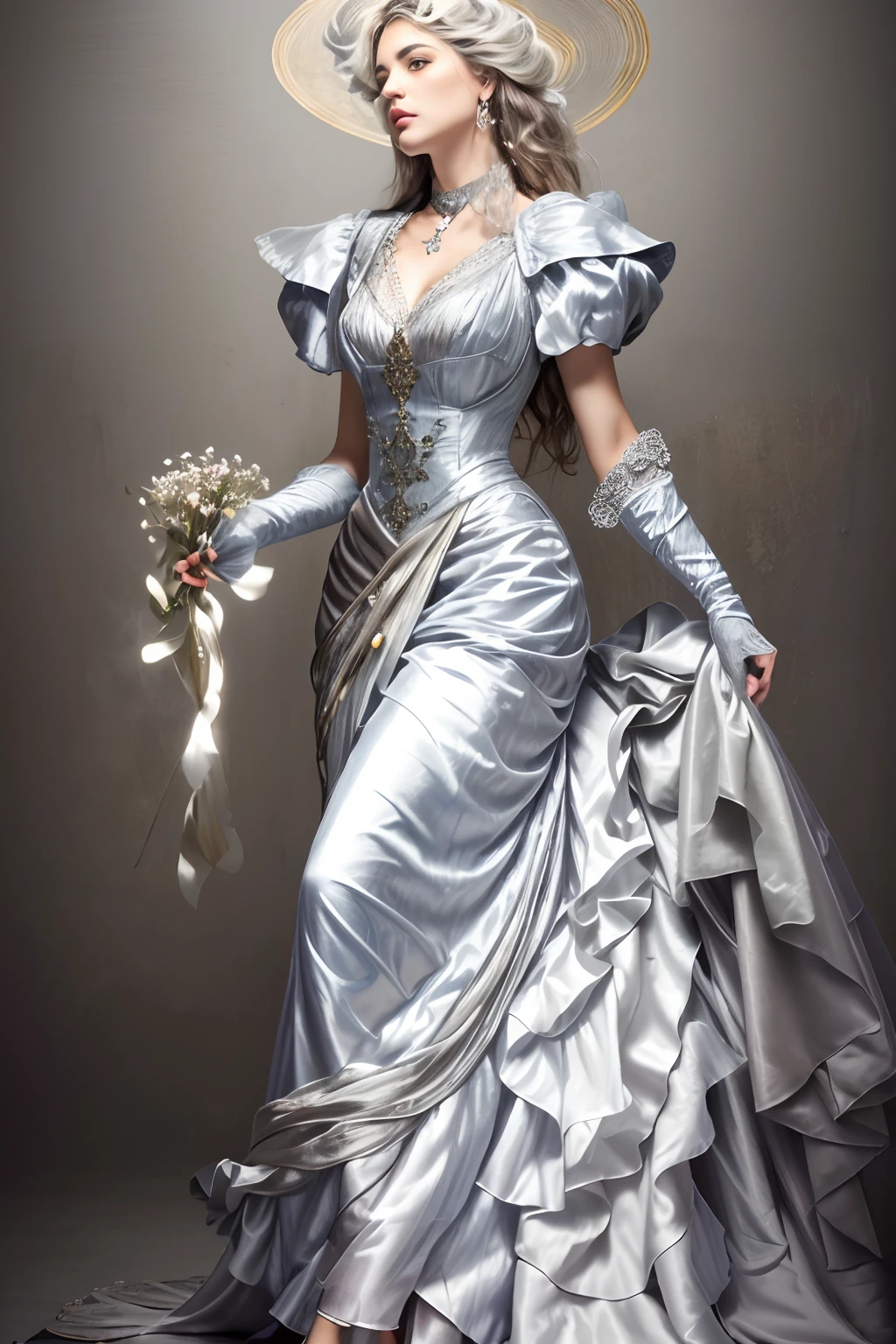full entire body, Geh-Pose, Zeitlupe, Female wears full-body multi-layering (schweres Gewand:1.2), (silberner und silberner langer Rock mit aufwendigem Muster:1.2), Handschuhe, (wahnsinnig detailliert, bloom:1.5), (highest quality, das Gewand hat einen sehr tiefen Ausschnitt, the woman has a beautiful bosom, the woman has a seductive, sensual, longing facial expression, Sehnsucht, erotische, heiss