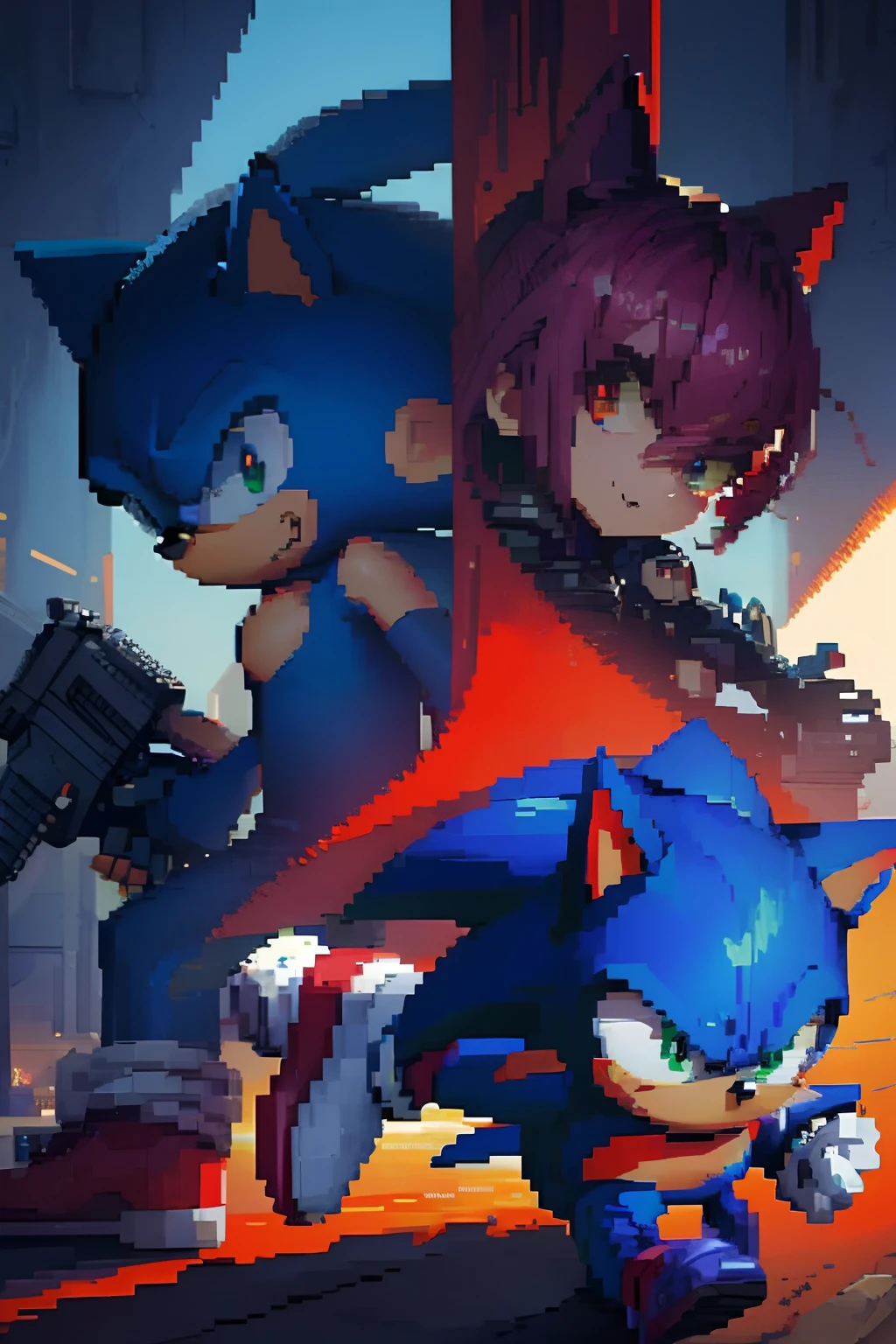 Pixel art of Sonic and Shadow from the game Sonic, They put guns on each other's heads, They're enemies, Cool graphics, Black, Red, Blue colors, Detail art,