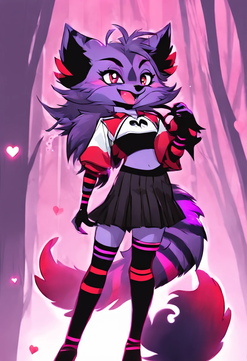 anthropomorphic, wolf, black/purple/red fur, black stripes legs, medium-length fluffy tail, slightly smaller than average height, big waist. crop top with a purple heart symbol on it, slightly darker purple rim around its eyes, 2 purple striped tail, black and red thigh highs and arm warmers, black and purple small skirt, huge cock, erect dick, canid dick, knotted dick, cum leaking, cum out dick, huge tits, lustful look, hand on hip, croptop half up, milk coming from tits, big thighs, hearts in eyes, no pants, big boobs, one dick, two boobs, two legs, two arms, two ears, two eyes, one nose, one smirking mouth, one big snout, one tail, red/pink spot on top of cock, slimy body, sweating, slime on cock, horny, steam in air