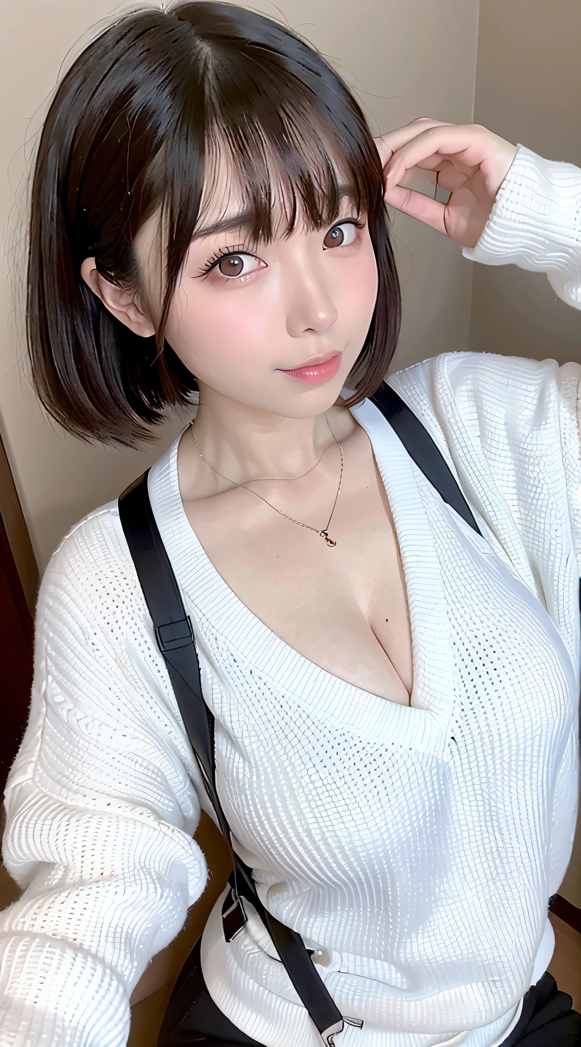 (top-quality、8K、32K、​masterpiece、nffsw:1.2)、Photo of a cute Japanese woman、Colossal tits:1.4、very short bobbed hair、The upper part of the body、sface focus、Oversized_Sweaters、a necklace、simple background、From  above、looking at the viewers、cleavage of the breast:1.5、Balanced body