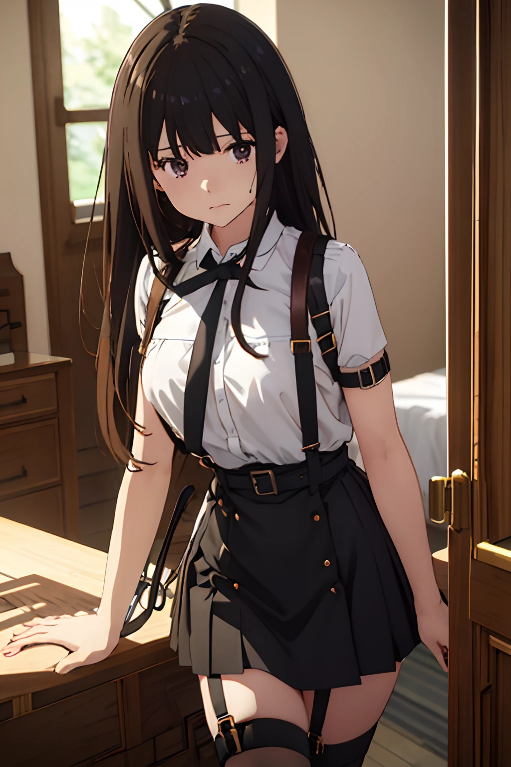 ​masterpiece、flat-colors、depth of fields、lens flare 1 girl、、Brown hair、watching at viewers　　　black suspenders　　　large full breasts　　　 　 Armpit sweat　perspiring　Side of both hands　　walls: 　Black miniskirt　garters　　　　　　Gaze　　　Small face　Bangs Upper Eyes　flank　　　　holster　　Belt Armament　Beautuful Women　srestrained　Zip ties behind your back