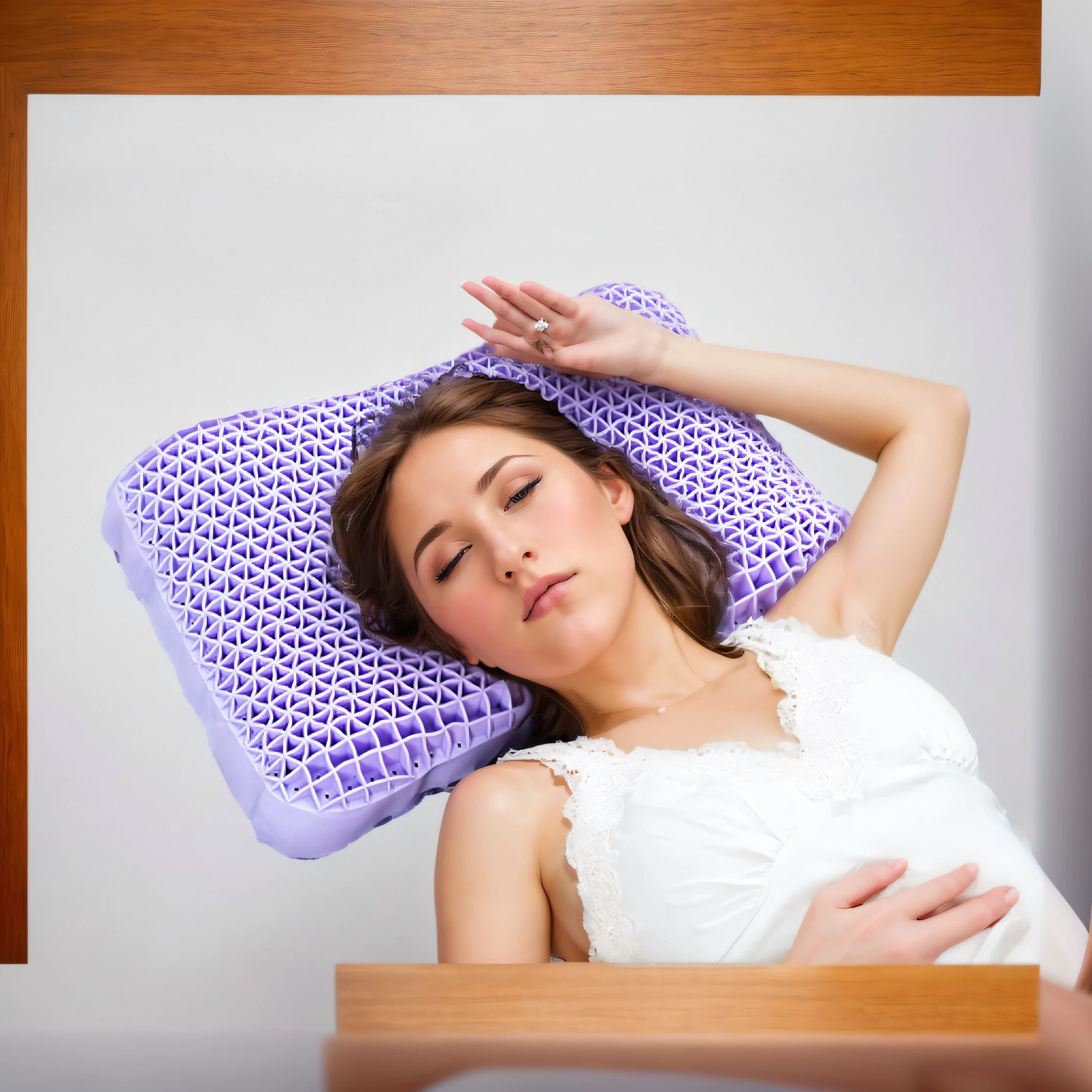 arafed woman laying on a bed with a purple pillow, resting on a pillow, laying back on a pillow, sleep, full subject shown in photo, composite, last photo, bottom angle, sleepy, edited, still photograph, foam, product introduction photos, photo shot, relaxed posture, serious composure, resting, advertising photo, alexandra fomina, wide portrait
