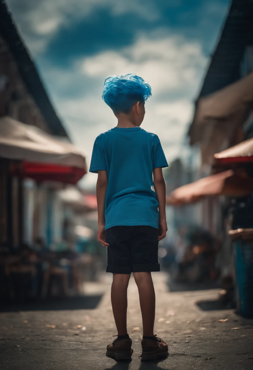 Boy standing at the top of fried chicken。Blue hair