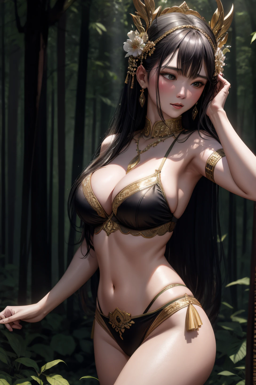 best quality, masterpiece, high detail, semi-realistic, highest face resolution,adult,woman,woman dancing in deep forest,thailand,ancient,night,ancient lingerie,historic site,very seductive posture