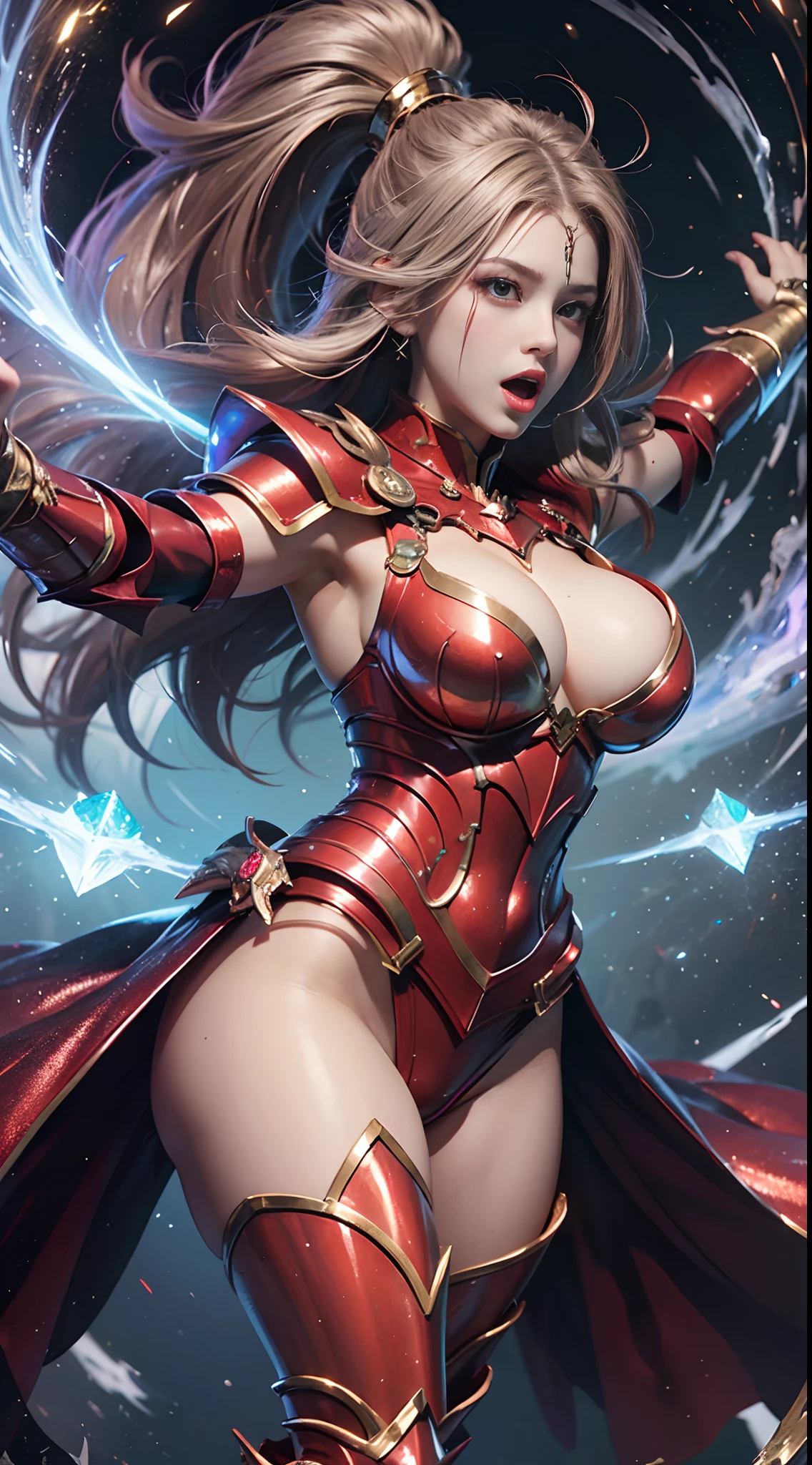 Saint Seiya、fight、battleing、Powerful punch、kick、1girl in、huge-breasted、cleavage of the breast、beauty legs、((Metallic Red Combat Armor of the Future))、((Metallic glittering armor))、Shining silver chains are connected from all sides、((Scream))、((exclamation))、((fighting poses))、8k, top-quality, (pubic hair beauty)、hight resolution, 逼真, realperson,