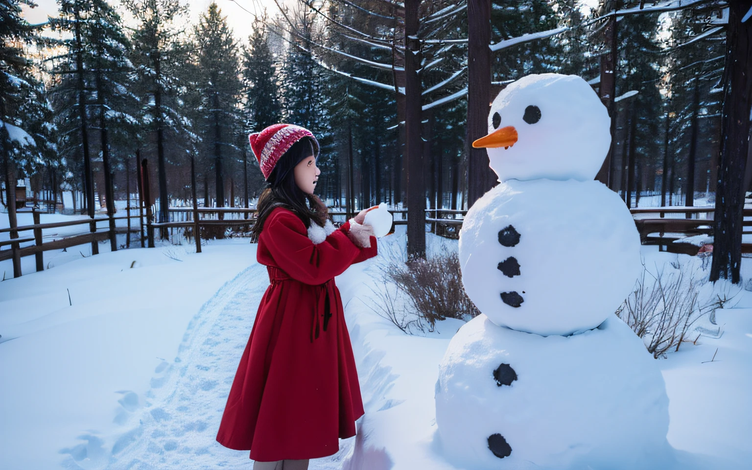 Girl in red cotton dress building a snowman，cartoony，Polygon style，nevando，yukito