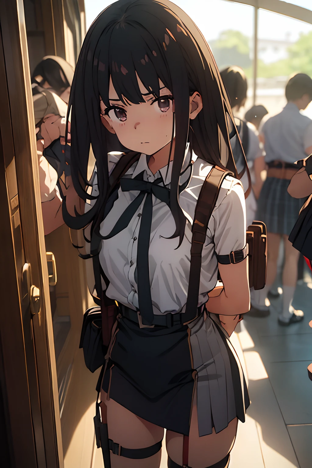 Brown hair、watching at viewers　　　black ギターを弾くsuspenders　　　Bulging big breasts　　 　 　　　walls: 　Black miniskirt　garters　　　　　　Gaze　　　Small face　bangss 　　　holster　　　Beautuful Women　　hands up　　レッグholster ベッドに横たわる　　Gaze 　黒いブーツ Panchira　provocation　　soio 　arm　In the car　Fold your hands behind your back　belt dark face　Panchira