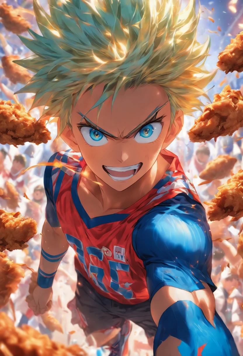 Boy standing at the top of fried chicken。Blue hair and even stronger blue eyes。I'm wearing a club jersey