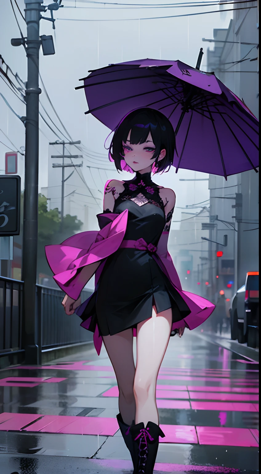 japanese anime style, it's raining night walking on the streets listening to music on the earphone, young sad gothic woman, very short hair dyed purple and pink, gothic makeup, purple lipstick, tattoo on arms, black clothes, short dress, boots, thighs exposed, cars passing fast