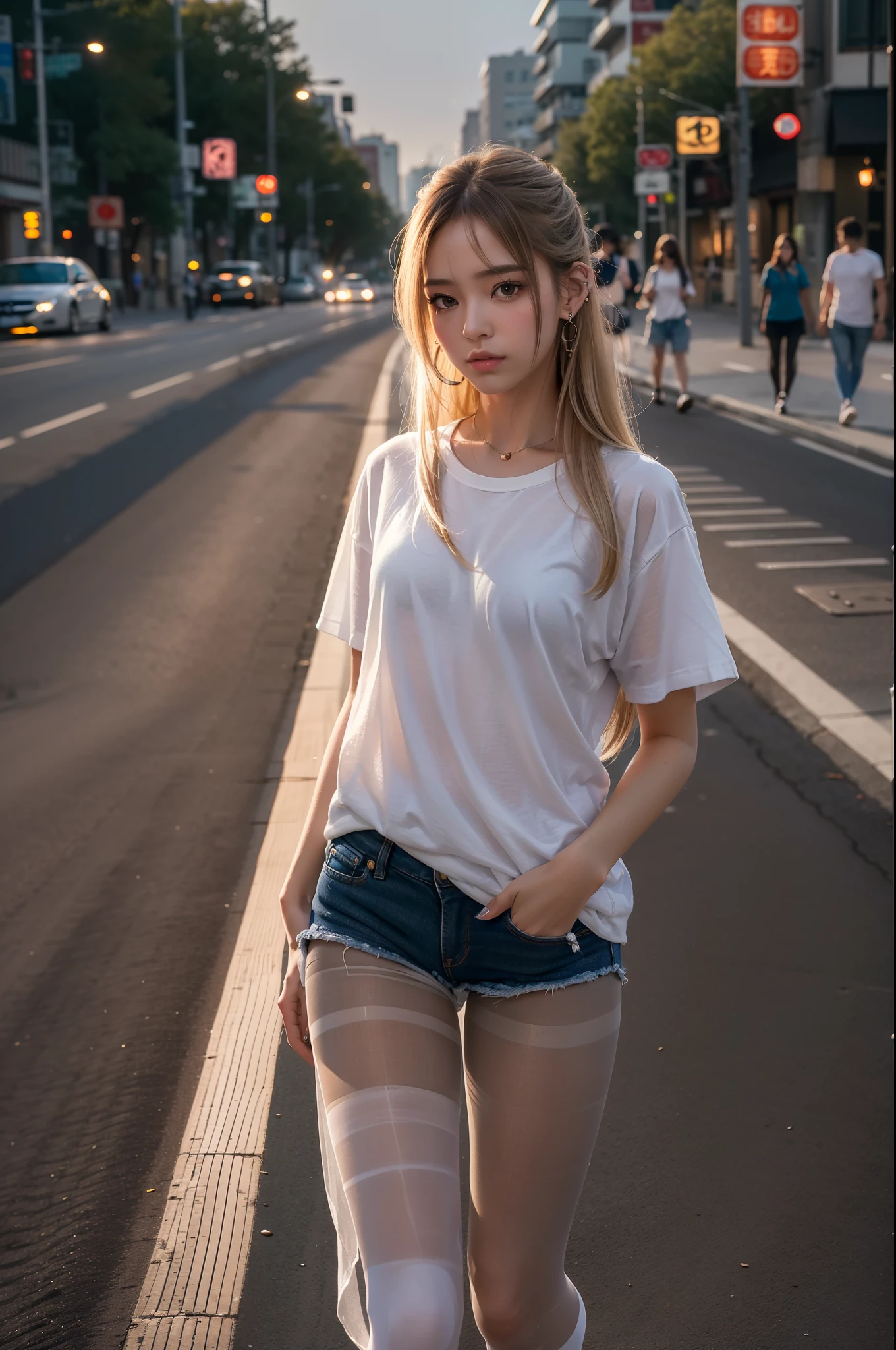 of the highest quality, masutepiece, Ultra high definition, (Real: 1.4), Original photo, (Evening Street), 1 girl, Black eyes, gaze at the audience, Long hair, Light makeup, Lips, small ears, White T-shirt, Denim shorts, (Ultra-realistic pantyhose:1.2), earrings, Walking down the road, slim, neat, Park