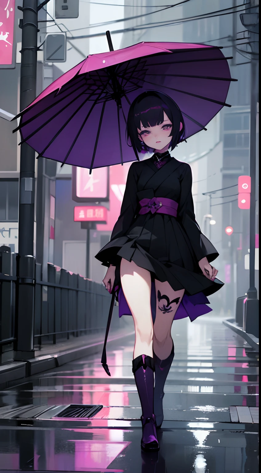 japanese anime style, it's raining night walking on the streets listening to music on the earphone, young sad gothic woman, very short hair dyed purple and pink, gothic makeup, purple lipstick, tattoo on arms, black clothes, short dress, boots, thighs exposed, cars passing fast
