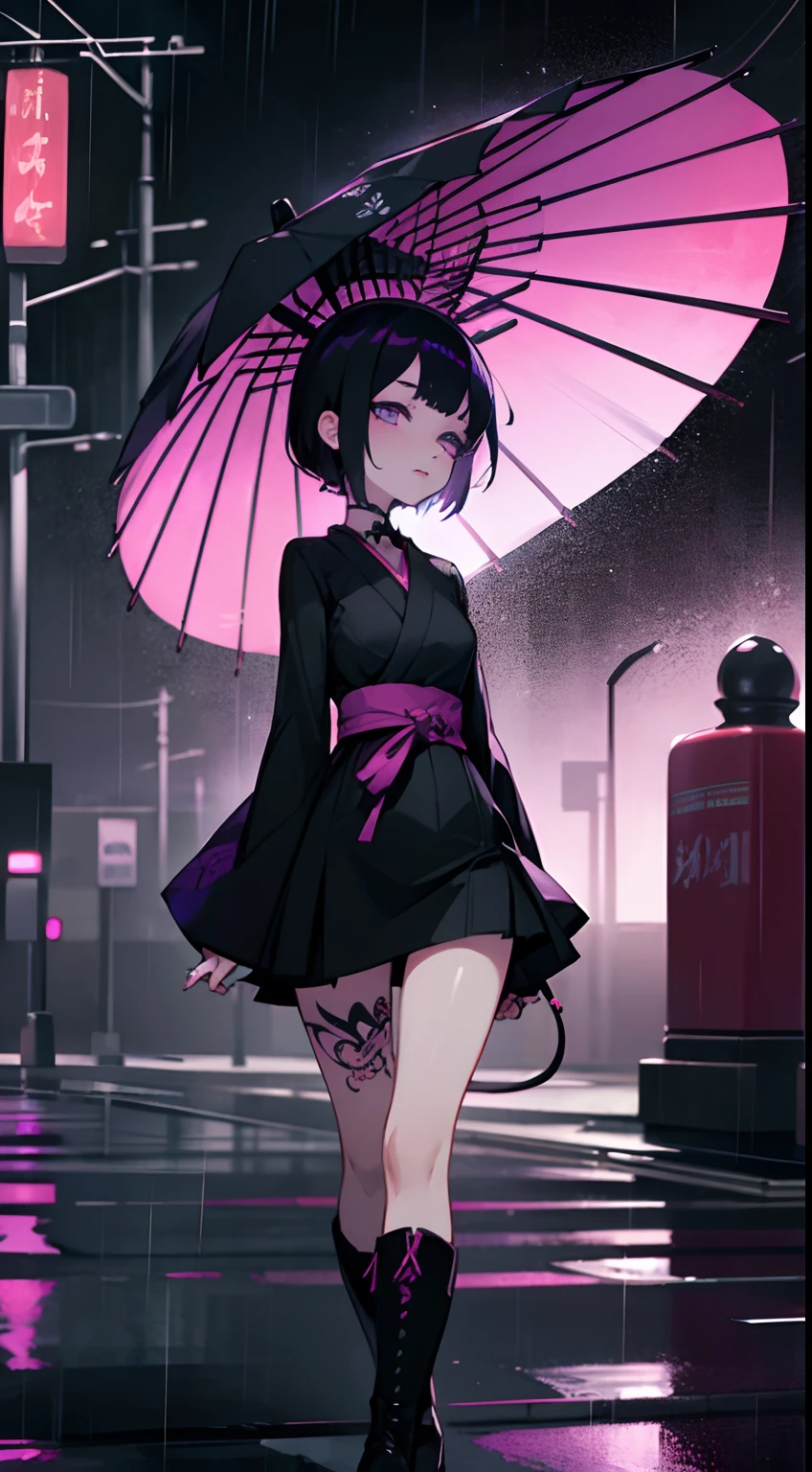 japanese anime style, it's raining night walking on the streets listening to music on the earphone, young sad gothic woman, very short hair dyed purple and pink, gothic makeup, purple lipstick, tattoo on arms, black clothes, short dress, boots, thighs exposed, cars passing fast