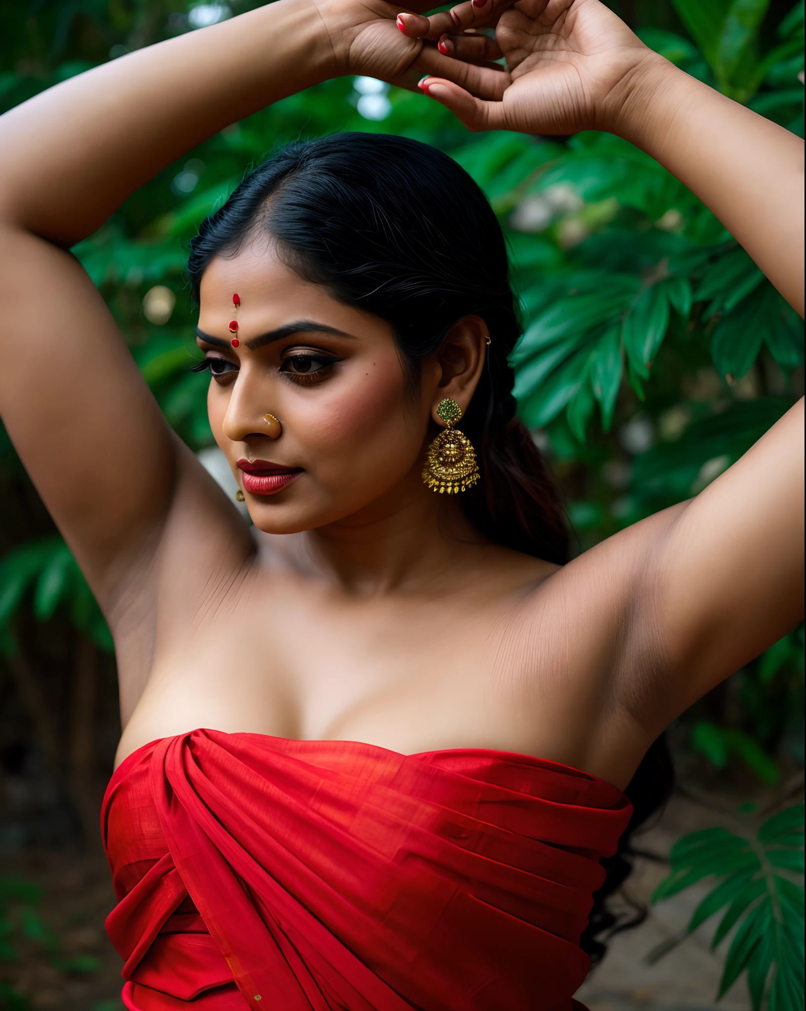 Foto RAW, photorealistic, photography, full body shot, master shot, Saree model, bengali village woman wearing Sari without blouse, bengali vintage cultural dress, bengali heritage dress, model Photography, Indian saree shoot, village woman, sensual lust, sensual beauty, erotic photoshoot, bengali village woman, bengali housewife, bhabhi, aunty, bong girl, village sari, village girl, village Sari style, vintage Indian Village Style sari draping , retro village wear, village style, no blouse saree, no blouse can be seen, traditional wear advertising photography, traditional wear brand shoot, face of Indian actress Drashti Dhami, masterpiece, realistic, realism, photorealism, high contrast, photorealistic Artstation 8k HD digital art trend of high definition and detailed realistic skin texture, ultra detail, realistic skin texture, armature, best quality, ultra high definition, (photorealistic:1.4),, high resolution, detail, raw photo, Re sharp, by Lee Jefferies Nikon D850 Film Stock Photo 4 Kodak Portra 400 Camera F1.6 Lens Rich Color Ultra Real Realistic Realistic Textures Dramatic Lighting Unreal Engine Trending at Art Station Cinestill 800,(pele altamente detalhada: 1.2), 8k UHD, DSLR, soft-lighting, alta qualidade, grain of film, Fujifilm XT3