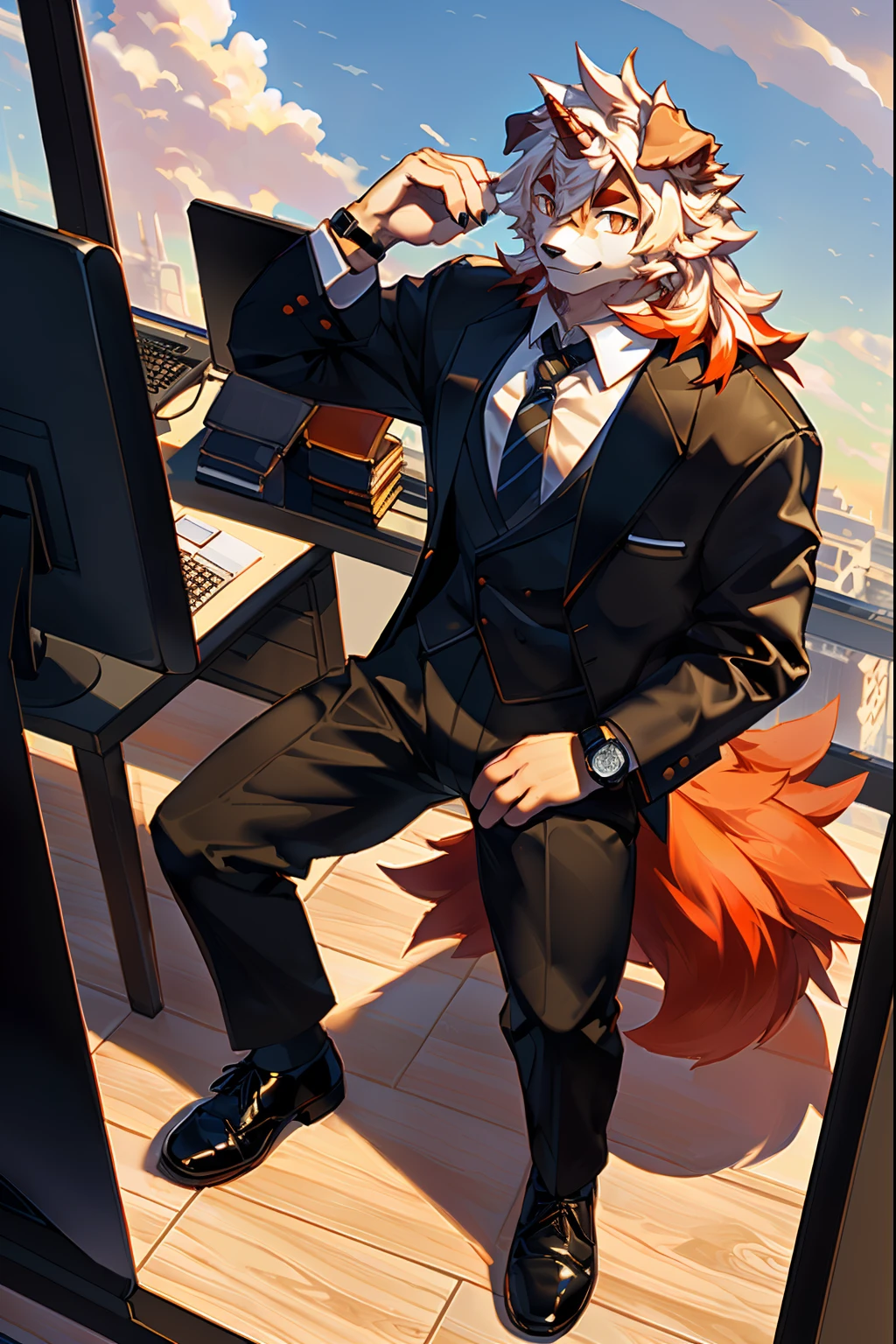 (by Hioshiru, by null-ghost, By personalami, by Honovy, by thebigslick, author：Feinhertz), Male, Solo, domestic dog, horn, floppy ears, clawed paws,  Smile, During the day，cloudless sky，In the office building，Masterpiece, Best quality, offcial art, Extremely detailed Cg Unity 8K wallpaper, Ultra-detailed, Best Illustration, Best shadow, Perfect lighting, pegging (/arknight/), White fur, Furry male, Dog boy, Furry, Two-tone fur, 1boys, multicolored hair, Male focus, Horns, Striped hair, Dog ears, Animal ears, single horn, Brown fur, bangs, Orange hair, White hair, Medium hair, Orange eyes, Solo,Black pupils，In black suit，Black trousers，White color blouse，Plaid tie，full bodyesbian，leather shoes，A collar is worn around his neck，Wrist watch，briefcase，Coffee in hand，Orange tail，Fluffy tail，full bodyesbian，Tall and strong，Computer，Floor glass