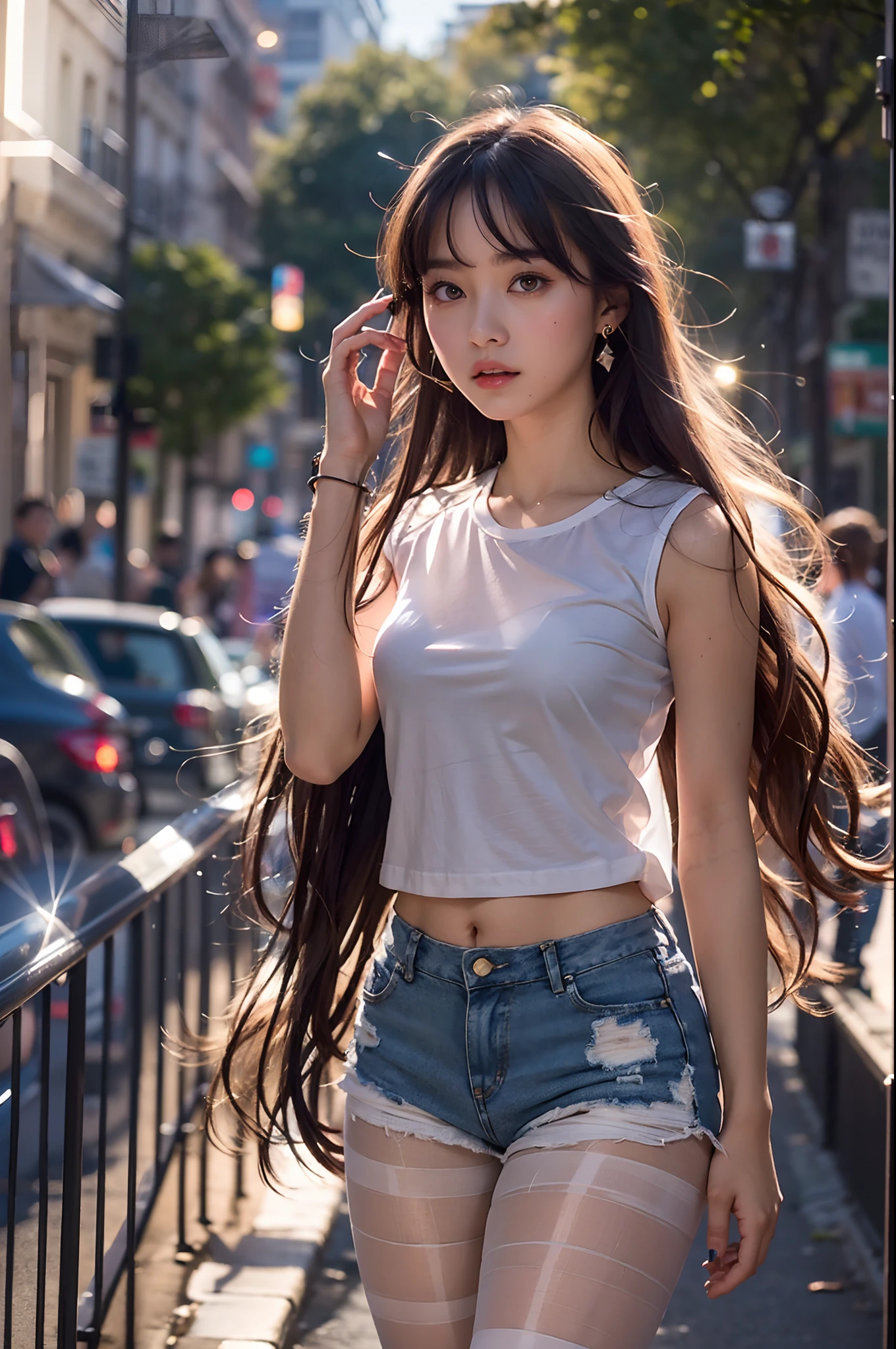 of the highest quality, masutepiece, Ultra high definition, (Real: 1.4), Original photo, (Evening Street), 1 girl, Black eyes, gaze at the audience, Long hair, Light makeup, Lips, small ears, White T-shirt, Denim shorts, (Ultra-realistic pantyhose:1.2), earrings, Walking down the road, slim, neat, Park