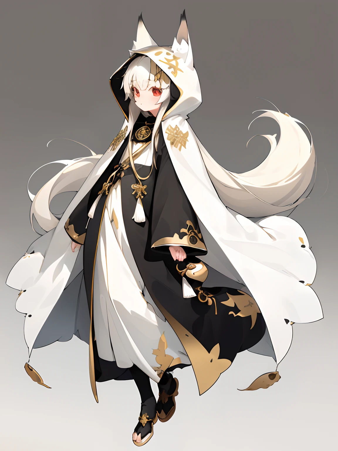 Kigurumi\Animal costume, (masterpiece),(top-quality),(ultra-detailliert), (full body Esbian:1.2),simple background,One girl isolated on white background,Chibi,cute little,Hooded cloak with a black fox motif、Gold embroidery、Very thin golden hair、Long、Long clothes with white cuffs、