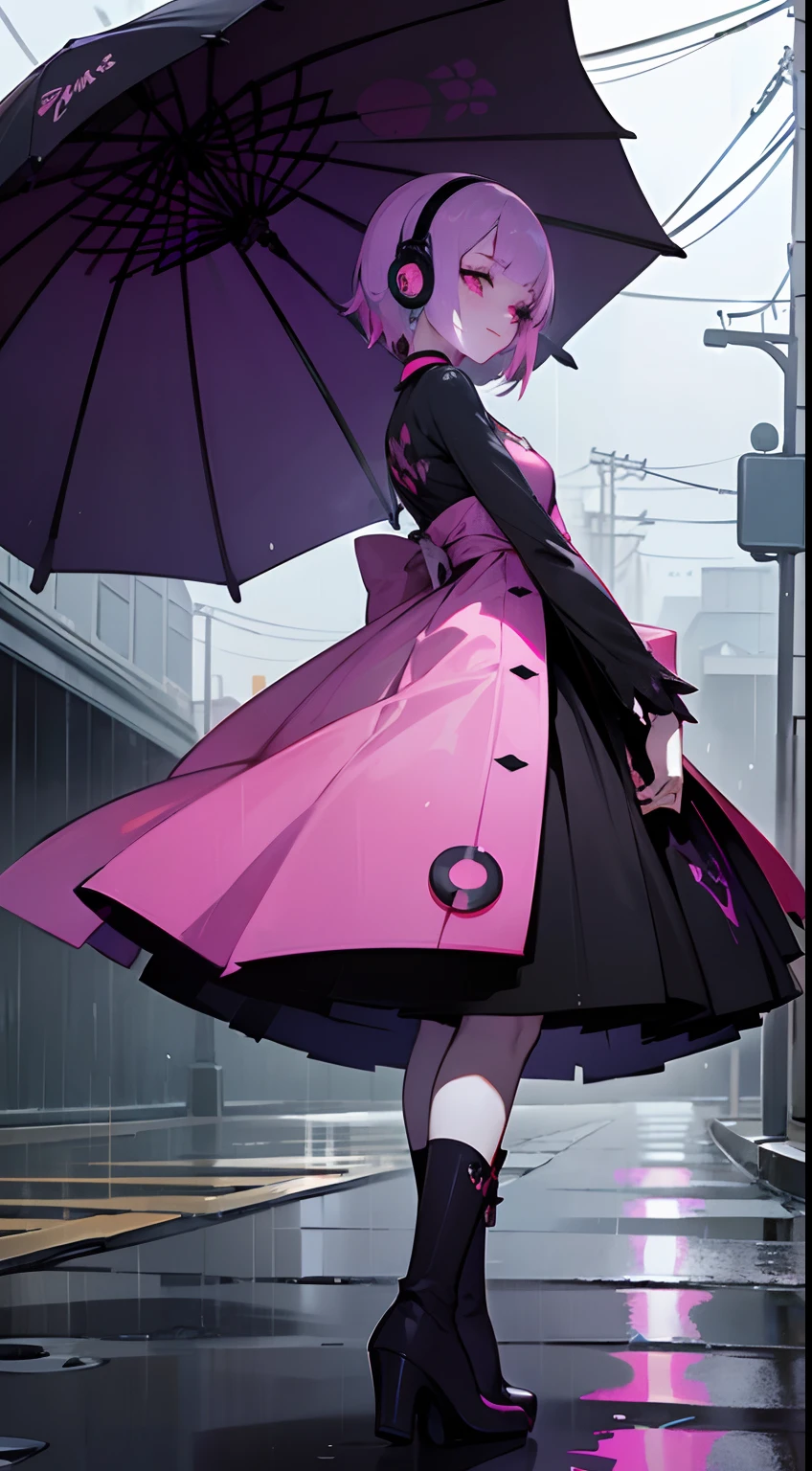 Japanese anime style, It's raining at night walking through the streets listening to music on headphones, Sad Gothic Cyborg Young Robotic Woman, Very short hair dyed purple and pink, goth makeup, Batom Roxo, tattoo on the arms, roupas pretas, vestido curto, Botas, coxas expostas, Cars passing fast