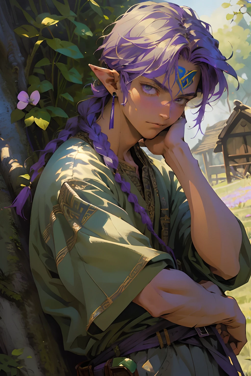 Realistic, (Masterpiece, Top Quality, Best Quality, official arts,), Very detailed, Most Detailed, (1boy:1.3), Gods, purple hair, mysterious, handsome male, ((Zelda's style)), Prairie, Shepherds, pale green clothes, Ornaments, earings, Single braids