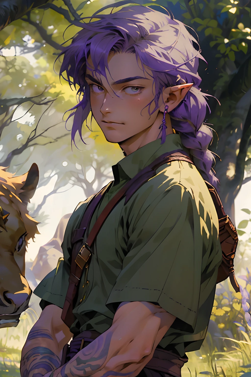Realistic, (Masterpiece, Top Quality, Best Quality, official arts,), Very detailed, Most Detailed, (1boy:1.3), Gods, purple hair, mysterious, handsome male, ((Zelda's style)), Prairie, Shepherds, pale green clothes, Ornaments, earings, Single braids