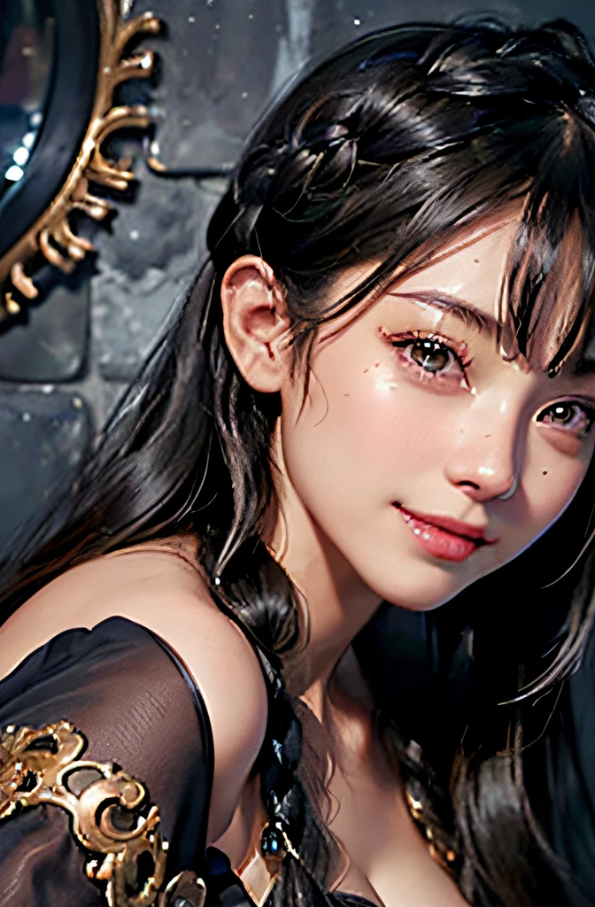 (A hyper-realistic)、(illustratio)、(hight resolution)、(8K)、(ighly detailed)、(Best Illustration)、(beautifully detailed eyes)、(top-quality)、(ultra-detailliert)、(​masterpiece)、(wall-paper）、（A detailed face）、独奏、1 girl in、looking at viewert、fine detailed、A detailed face、in the darkness nigth、deep-shadows、lowkey、pureerosfaceace_v1、a smile、Curly hair in black braids、Long、46-point diagonal bangs、With smiling eyes、hyperdetailed face、A detailed eye、More Hair、length hair、Beautiful hairstyle、A detailed face、Breast exposure、cleavage of the breast、