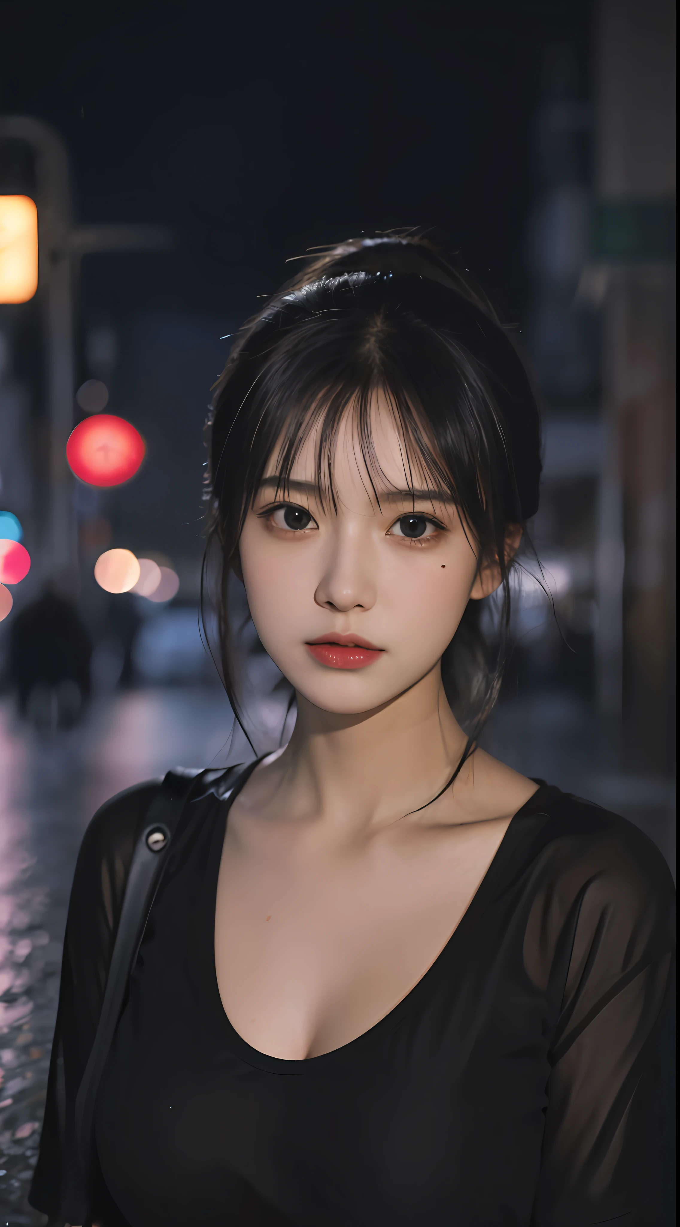 Best Quality, Masterpiece, Ultra High Resolution, (Realistic:1.4), Original Photo, 1girl, In the Dark, Deep Shadow, Low Key, Cold Light, Close Up, On a Japanese Street, Night, Rainy Night, Japanese Street, Neon Illumination Background, Black Shirt,large breast