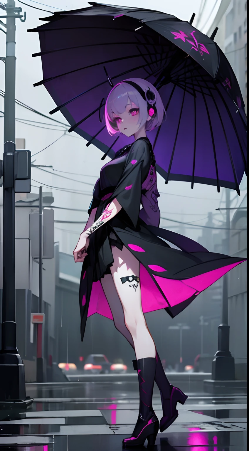 Japanese anime style, It's raining at night walking through the streets listening to music on headphones, Sad Gothic Cyborg Young Robotic Woman, Very short hair dyed purple and pink, goth makeup, Batom Roxo, tattoo on the arms, roupas pretas, vestido curto, Botas, coxas expostas, Cars passing fast