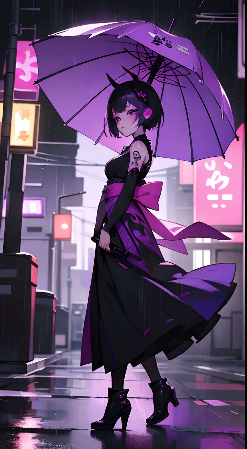 Japanese anime style, It's raining at night walking through the streets listening to music on headphones, Sad Gothic Cyborg Young Robotic Woman, Very short hair dyed purple and pink, goth makeup, Batom Roxo, tattoo on the arms, roupas pretas, vestido curto, Botas, coxas expostas, Cars passing fast