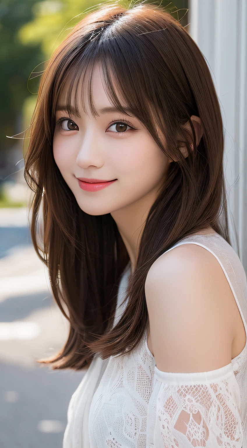 masutepiece, Best Quality, Illustration, Ultra-detailed, High resolution, 8K Wallpaper, Perfect dynamic composition, 1girl in, A Japanese Lady, Looking at Viewer, large round eyes, drooping eyes, small nostrils, Beautiful detailed eyes, (Narrow waist:1.4), Natural Lip, Sexy knitted dresses, Big breasts, cleavage, Random sexy poses, (Full body:1.1), (Whole body:1.2), shyly smile, A charming smile, Cloudy sunshine, Soft light, Using Reflectors, Professional Lighting, Shallow depth of field, Focus on the eyes,