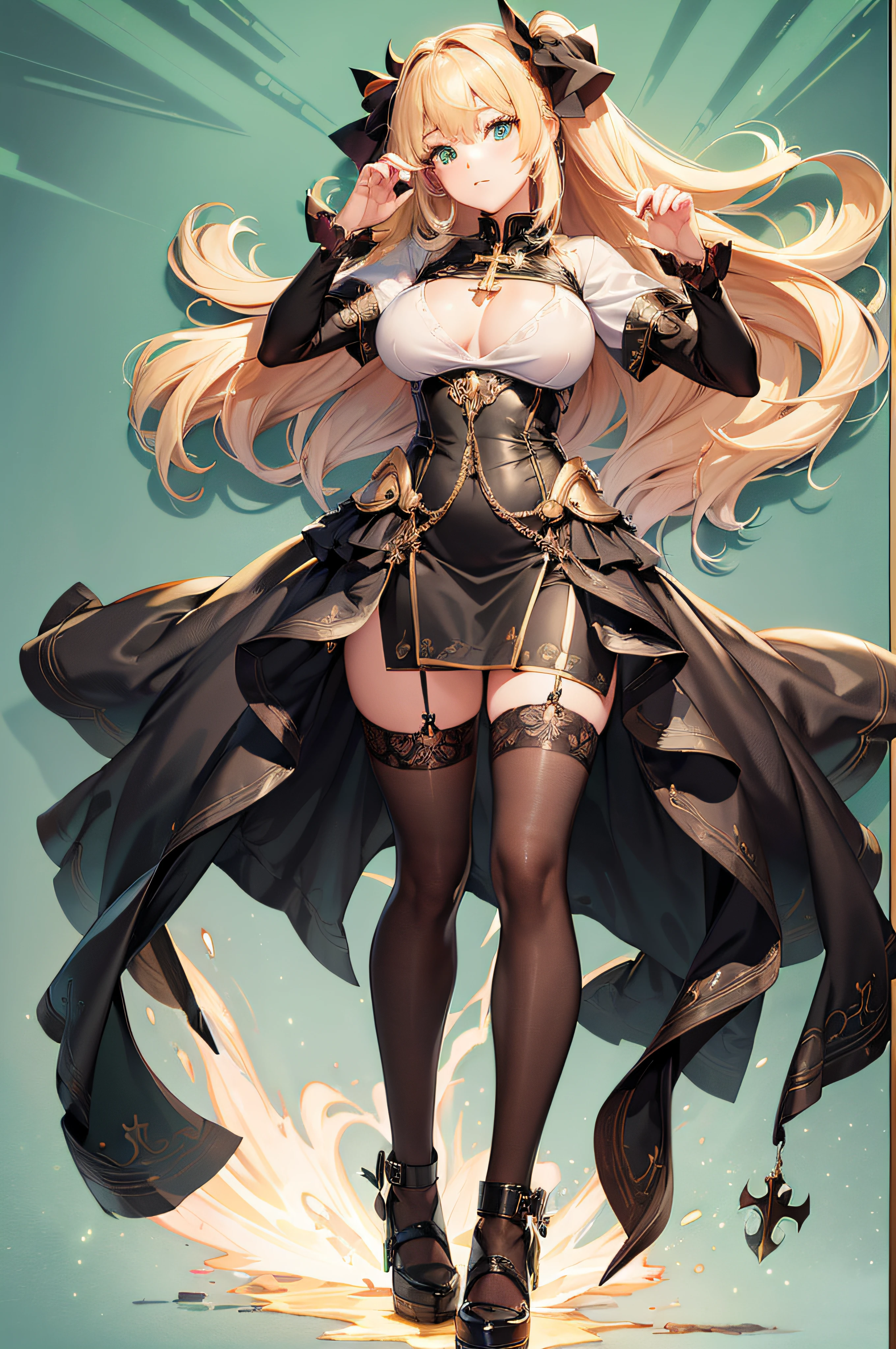 nffsw, masutepiece, Super Detail, High quality, priestess, Noble Dress Figures, Colossal tits, a blond, Eyes that shine like stars, Tsurime, In black stockings, Mega Twin Tails, Green glowing eyes, (((Full body:1.6))), Clothes with short sleeves, a short skirt, Black costume, Hanging on the Cross, exorcist, Standing picture