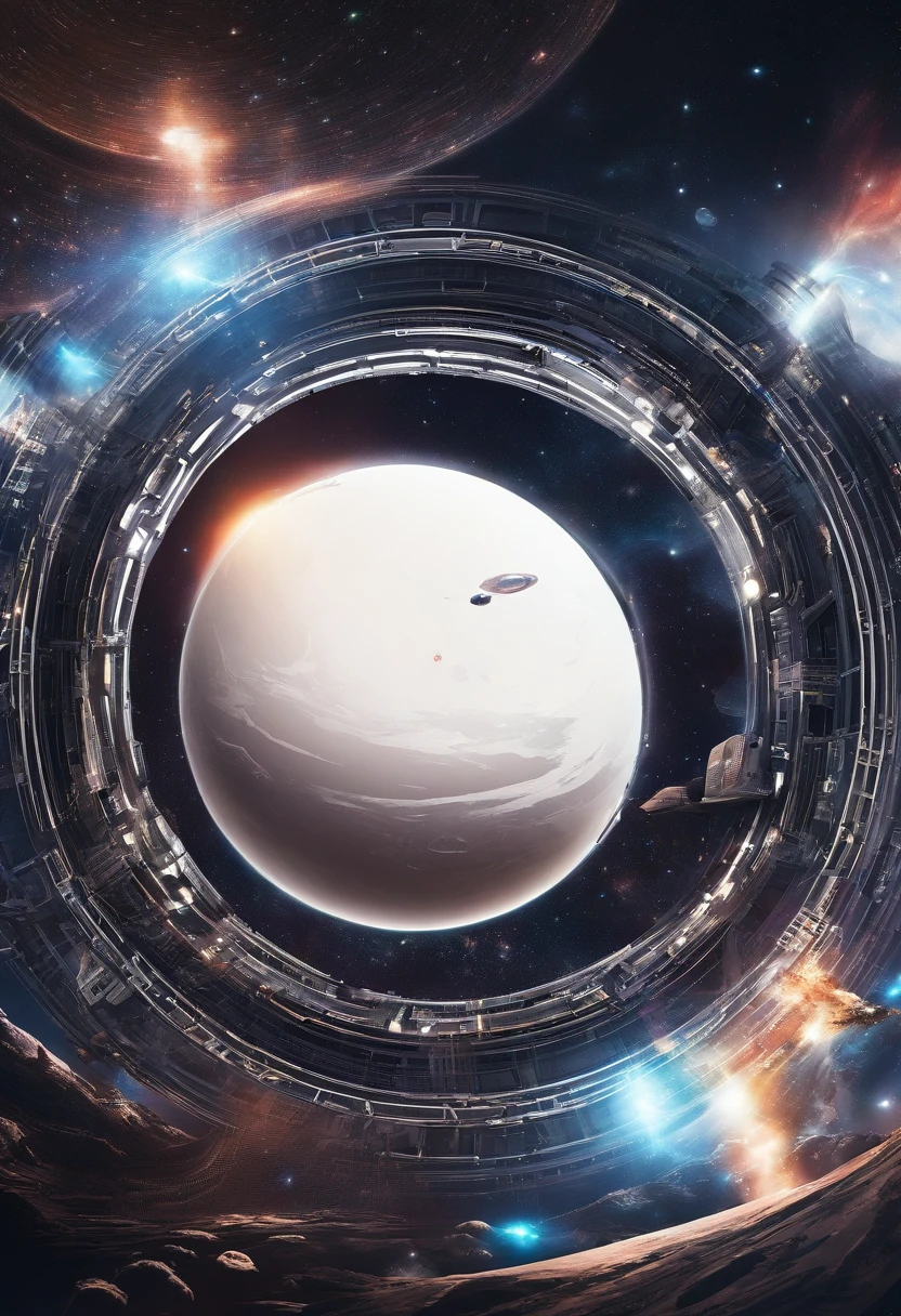 Intergalactic base, in the orbit of a supermassive black hole with a beautiful accreting disk, uma base similar a uma esfera de dyson, futuristic and all-metal base, in the vacuum of space.