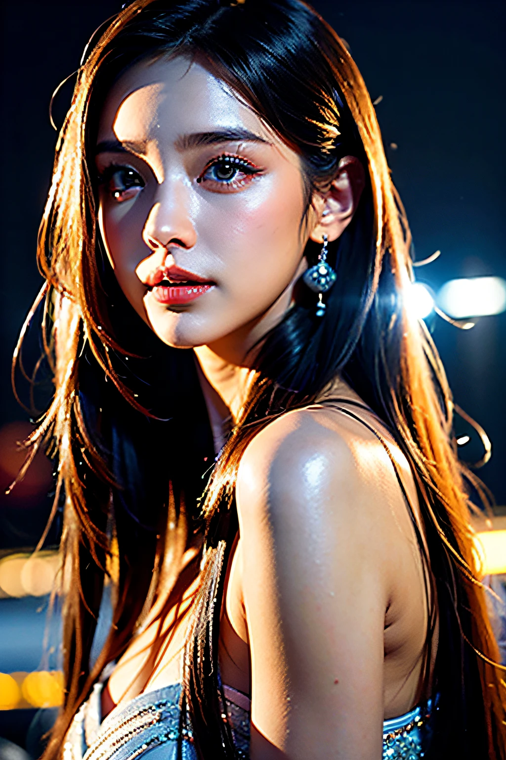 (​masterpiece), top-quality, 超A high resolution, a closeup, Slim body, 1girl in, Autumn clothes, length hair, Laugh, natta, Outer space background, Colorful lights, photon maping, Radio City, physically-based renderingt, lighting like a movie, It's complicated, high detailing, foco nítido, Dramatic, Photorealsitic, beautiful countenance、(Lifelike face)、realisticeyes、beatiful detailed eyes、real looking skin、Beautiful skins、A hyper-realistic、ighly detailed, (Face close-up only)