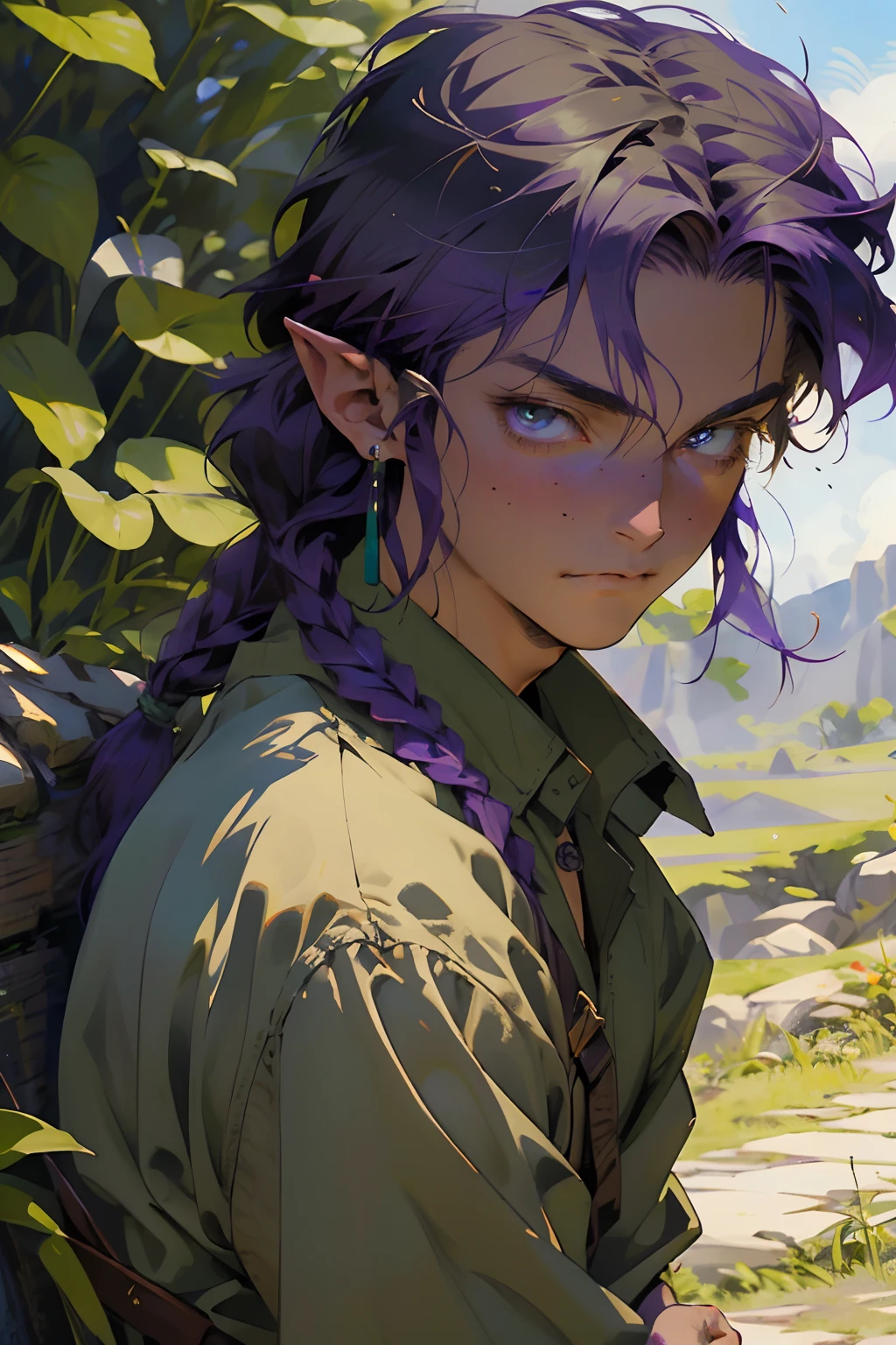 Realistic, (Masterpiece, Top Quality, Best Quality, official arts,), Very detailed, Most Detailed, (1boy:1.3), Gods, purple hair, mysterious, handsome male, ((Zelda's style)), Prairie, Shepherds, pale green clothes, Ornaments, earings, Single braids
