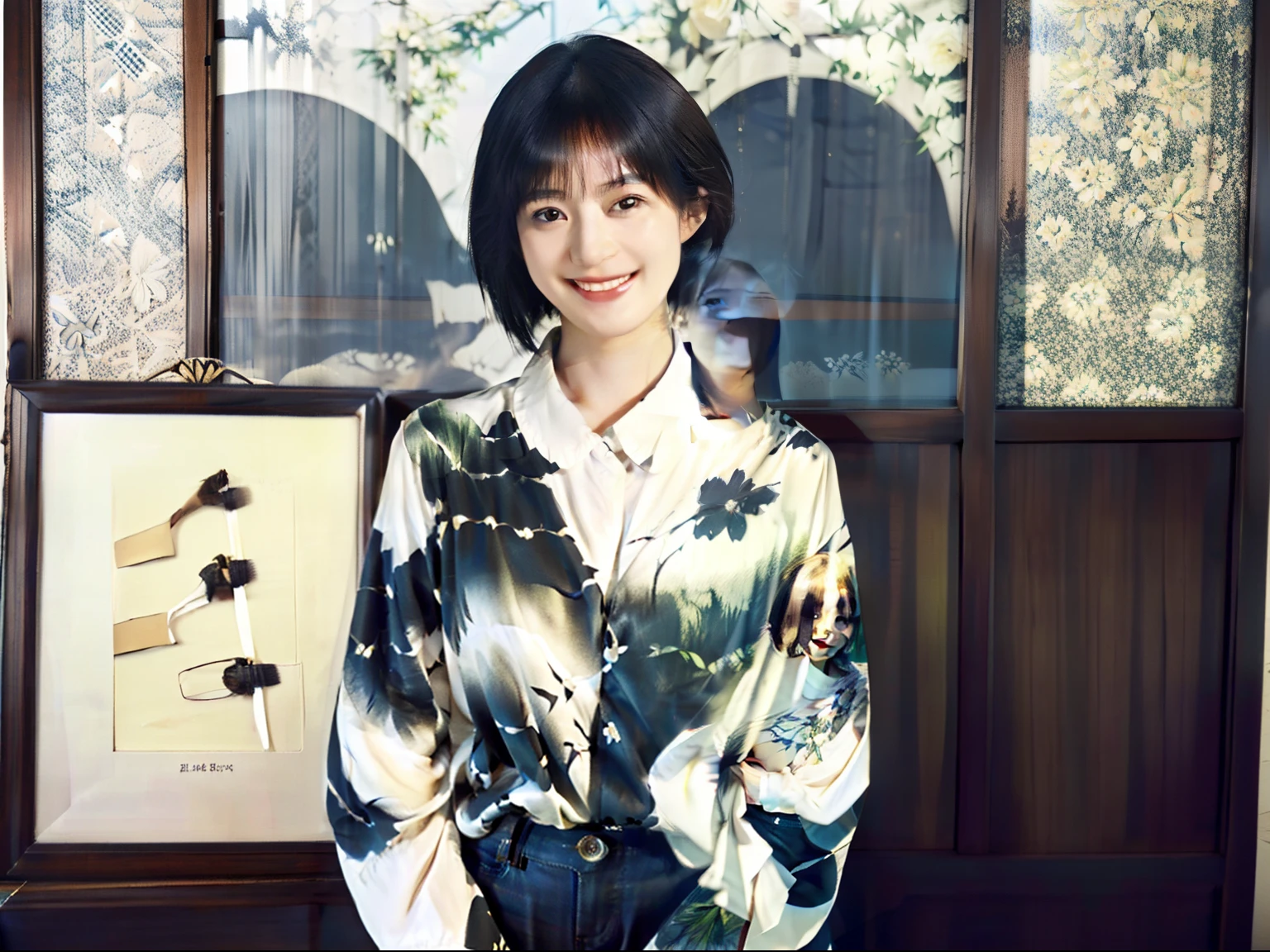 93
(a 20 yo woman,is standing), (A hyper-realistic), (masutepiece), ((short-hair:1.46)), (Smooth black hair), wear long pants, (Wearing a long-sleeved shirt with a floral print), (painterly、picture frame), (Gentle smile), (Keep your mouth shut)