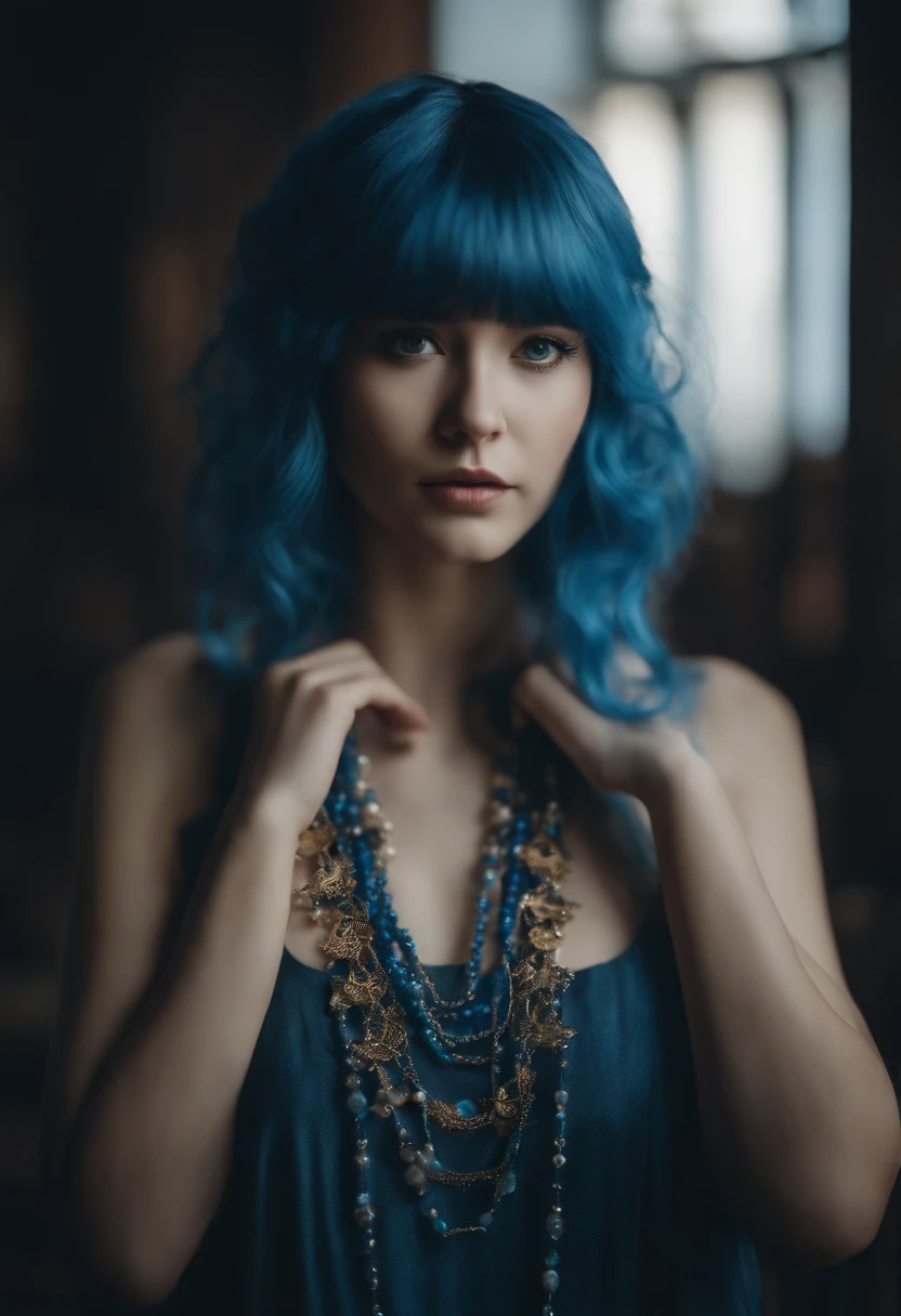 Girl with blue hair。Her hair is long and her bangs are loose。Eyes brighter than hair。She stands at the top of the jewelry